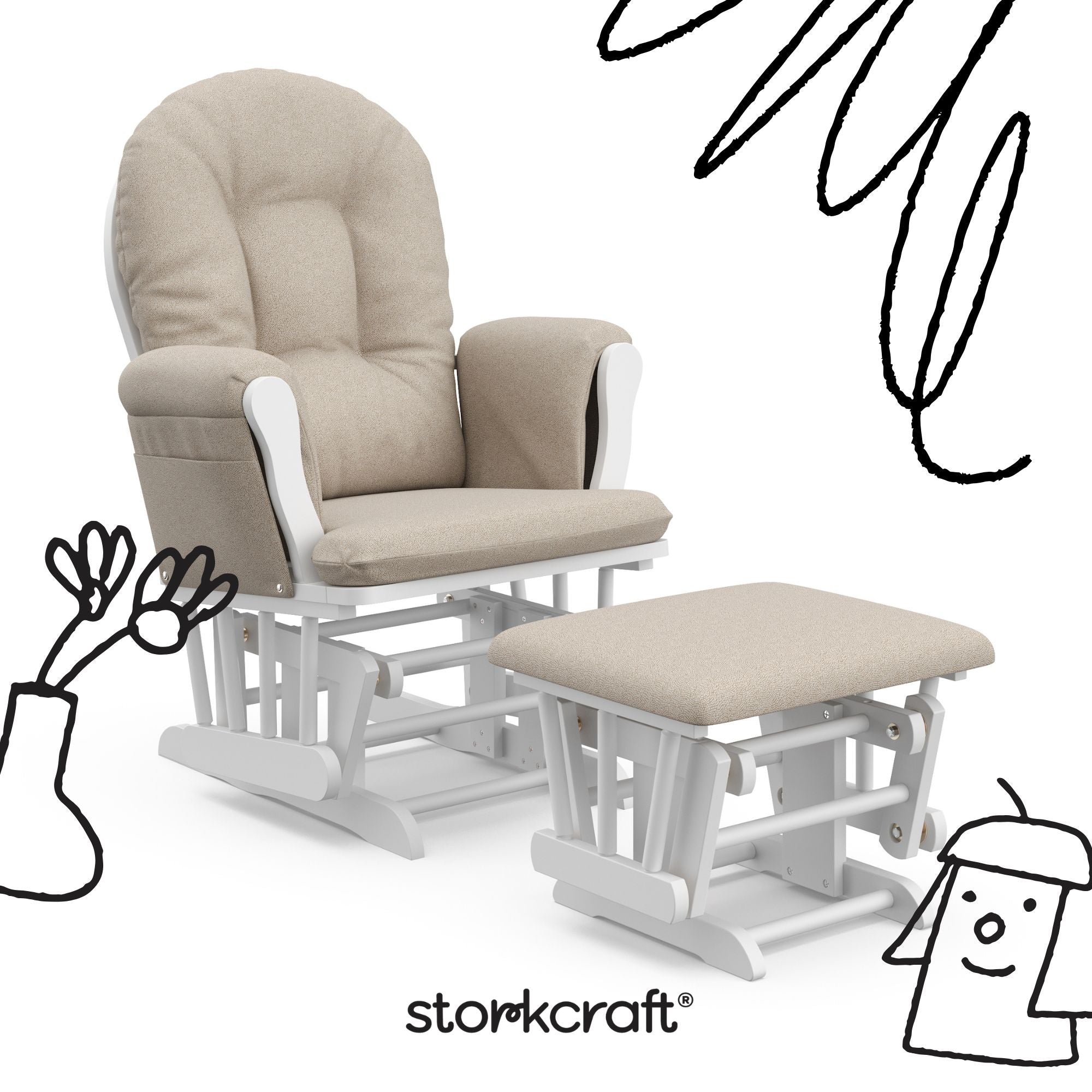 storkcraft hoop glider and ottoman white frame with taupe swirl cushions with black doodles overlaid on image