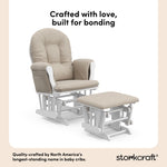 storkcraft hoop glider and ottoman white frame with taupe swirl cushions quality crafted callout