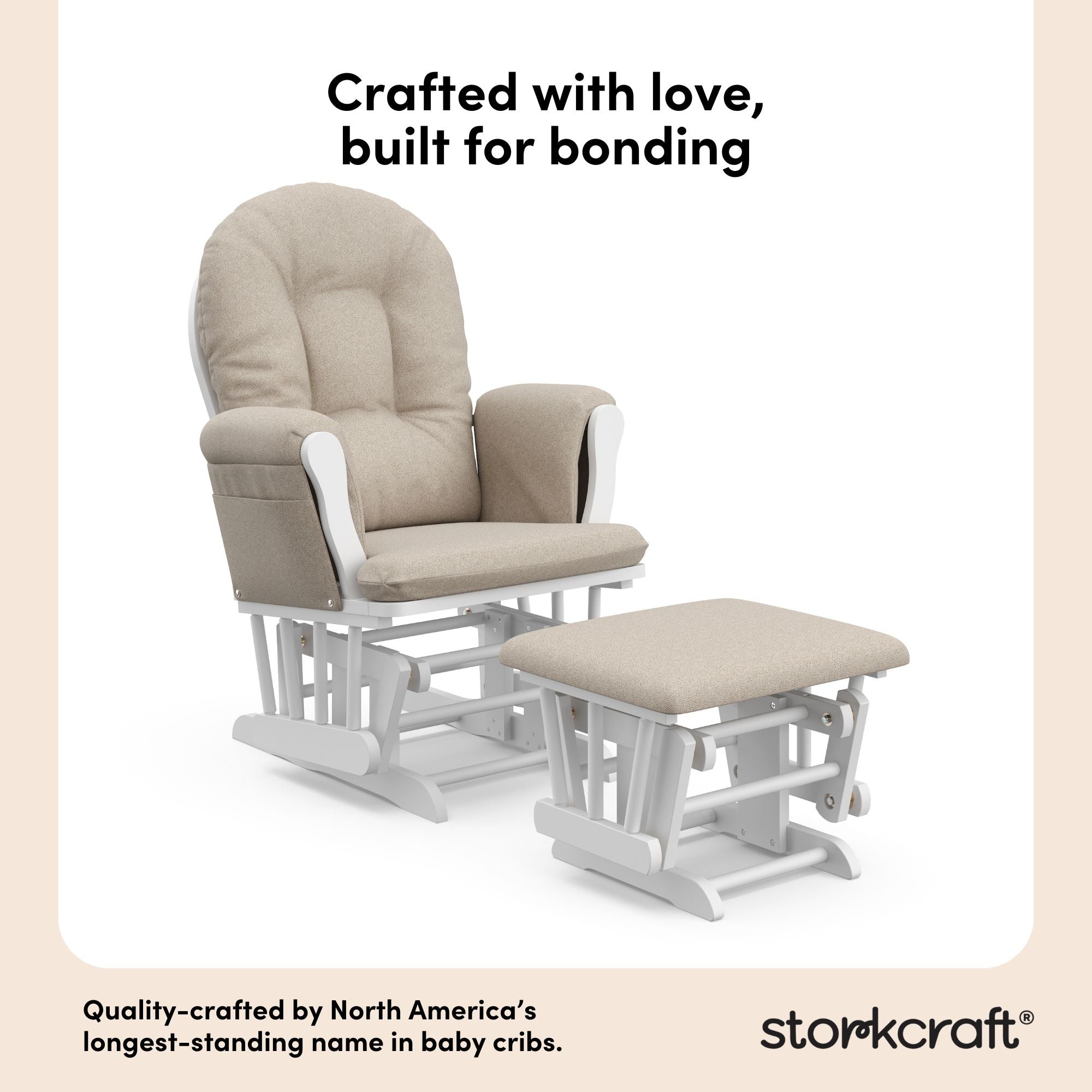storkcraft hoop glider and ottoman white frame with taupe swirl cushions quality crafted callout