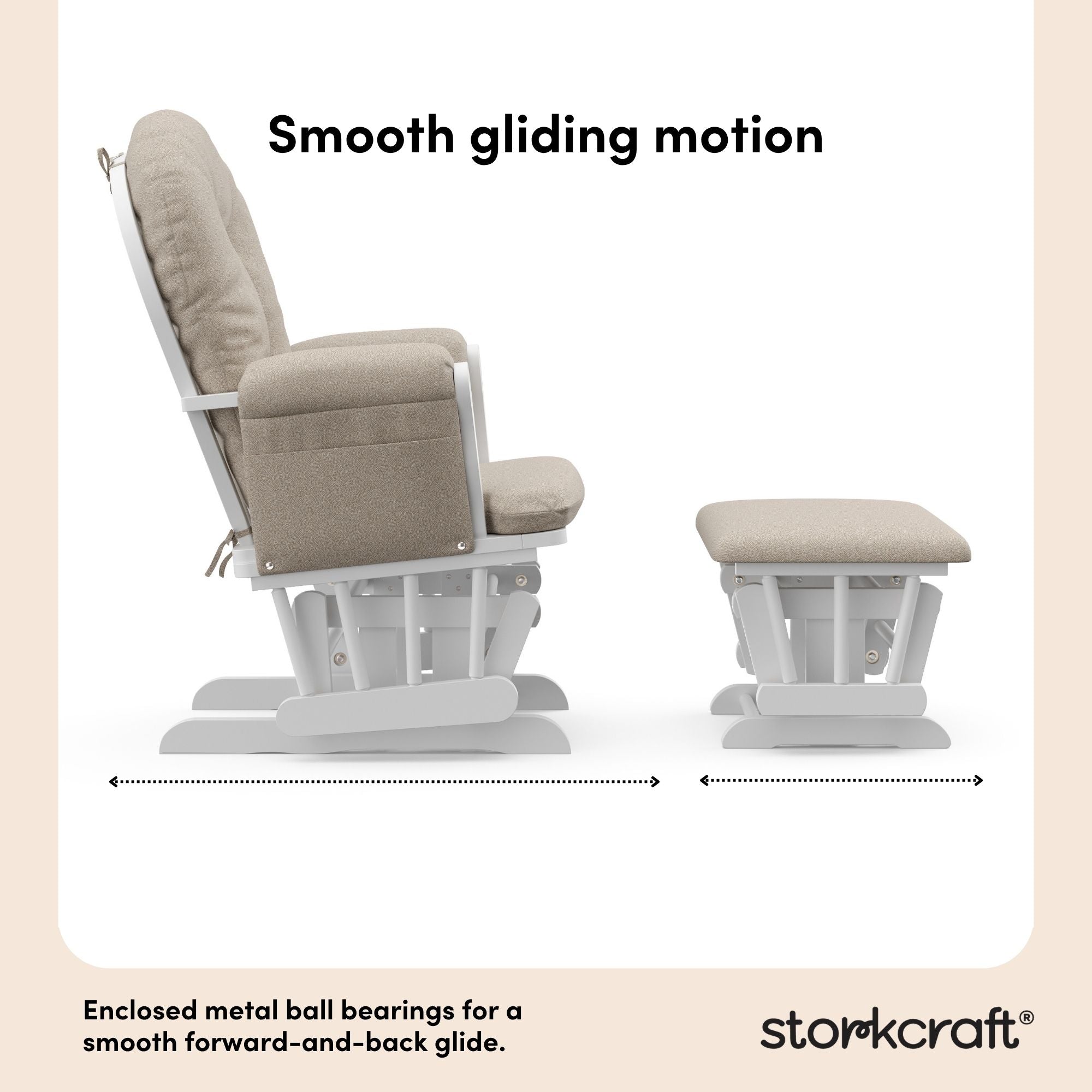storkcraft hoop glider and ottoman white frame with taupe swirl cushions smooth gliding motion callout