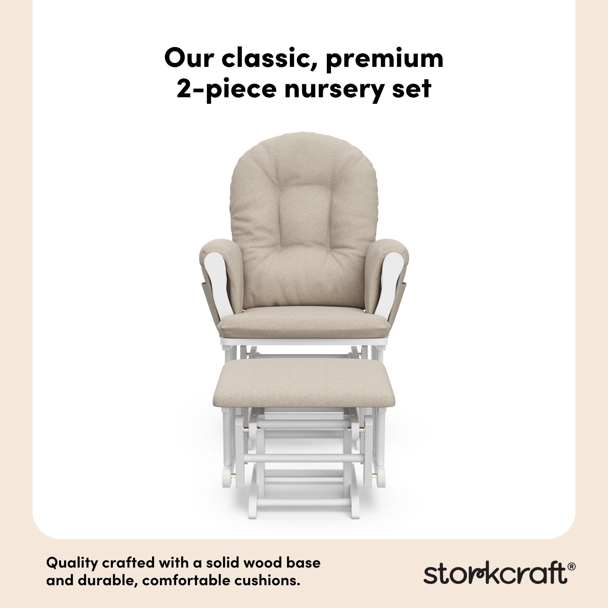 storkcraft hoop glider and ottoman white frame with taupe swirl cushions 2-piece nursery set callout