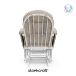 storkcraft hoop glider and ottoman white frame with taupe swirl cushions with PTPA logo on top right