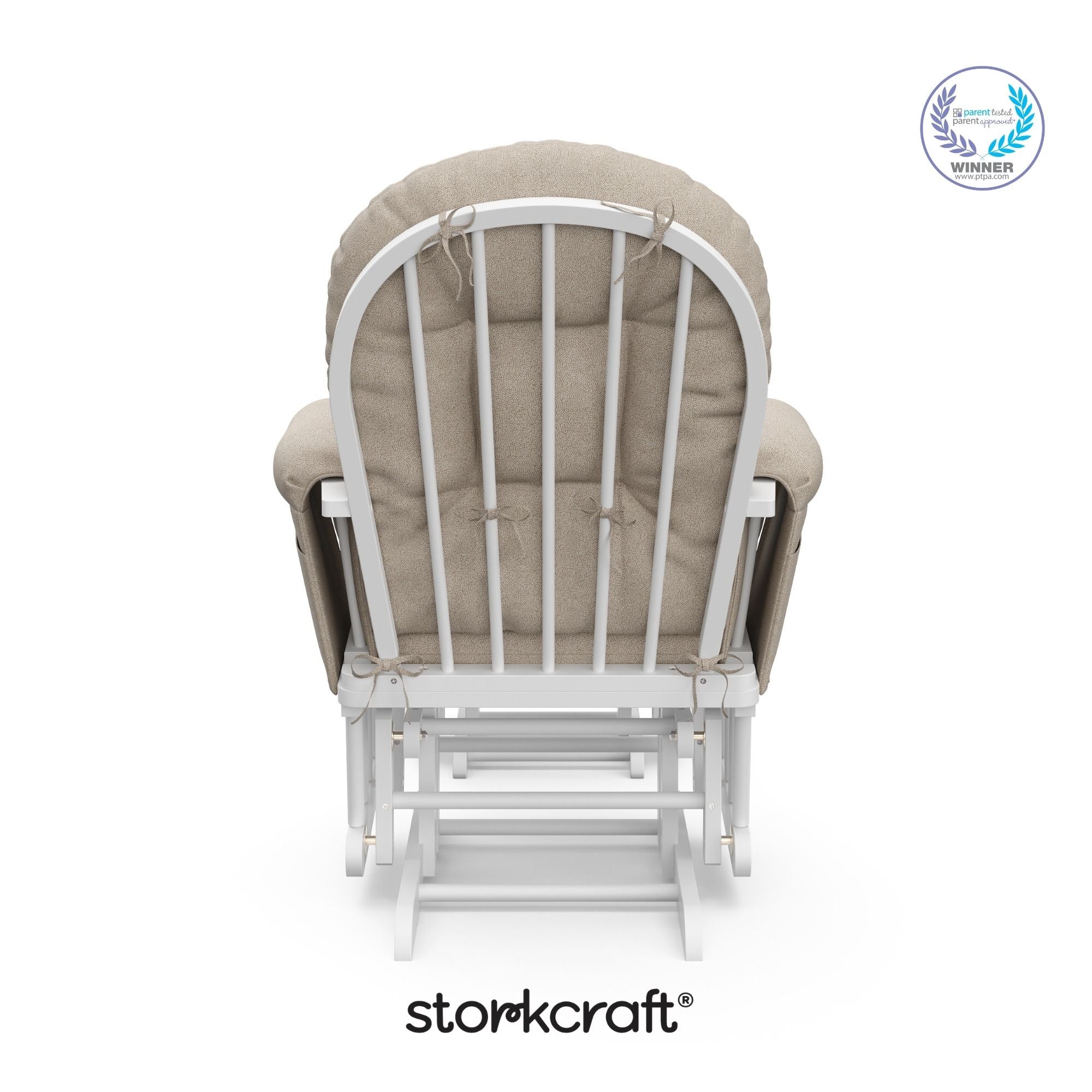 storkcraft hoop glider and ottoman white frame with taupe swirl cushions with PTPA logo on top right