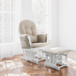 storkcraft hoop glider and ottoman white frame with taupe swirl cushions in nursery in front of windows