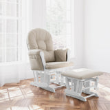 storkcraft hoop glider and ottoman white frame with taupe swirl cushions in nursery in front of windows