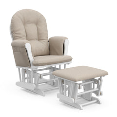 storkcraft hoop glider and ottoman white frame with taupe swirl cushions angle view