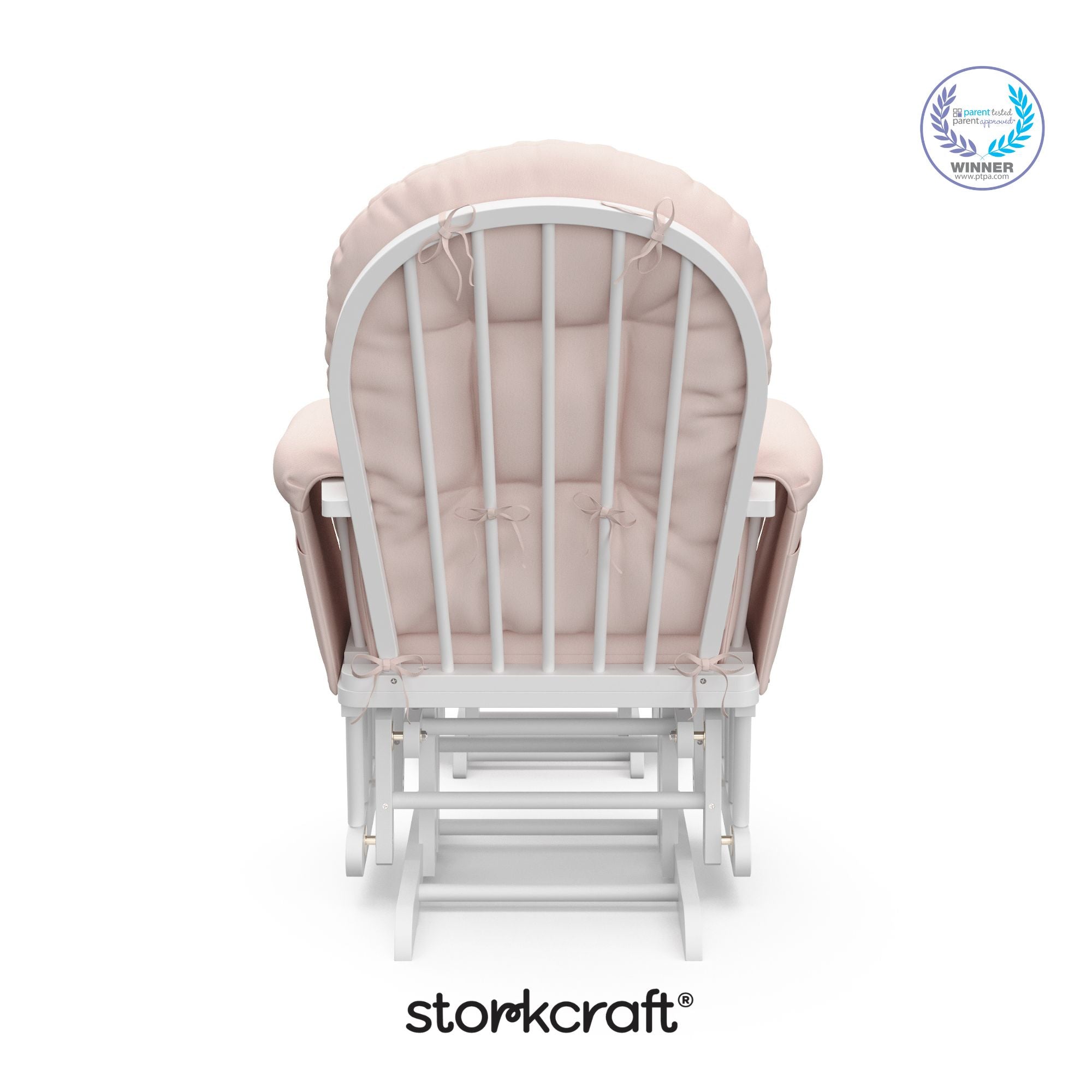 hoop glider white base with pink cushions and ottoman back view with PTPA logo on top right