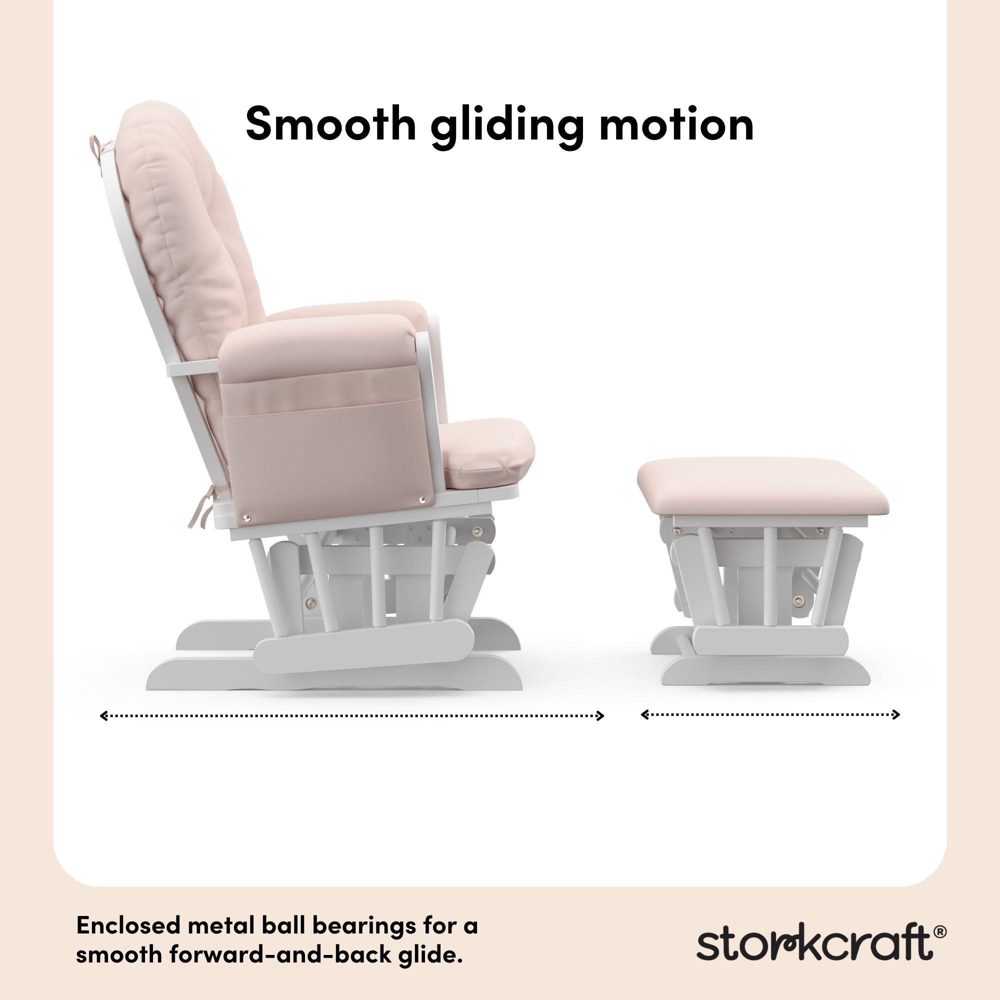 hoop glider white base with pink cushions and ottoman side view smooth gliding motion callout 
