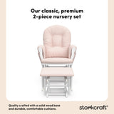 hoop glider white base with pink cushions and ottoman front view 2-piece nursery set callout
