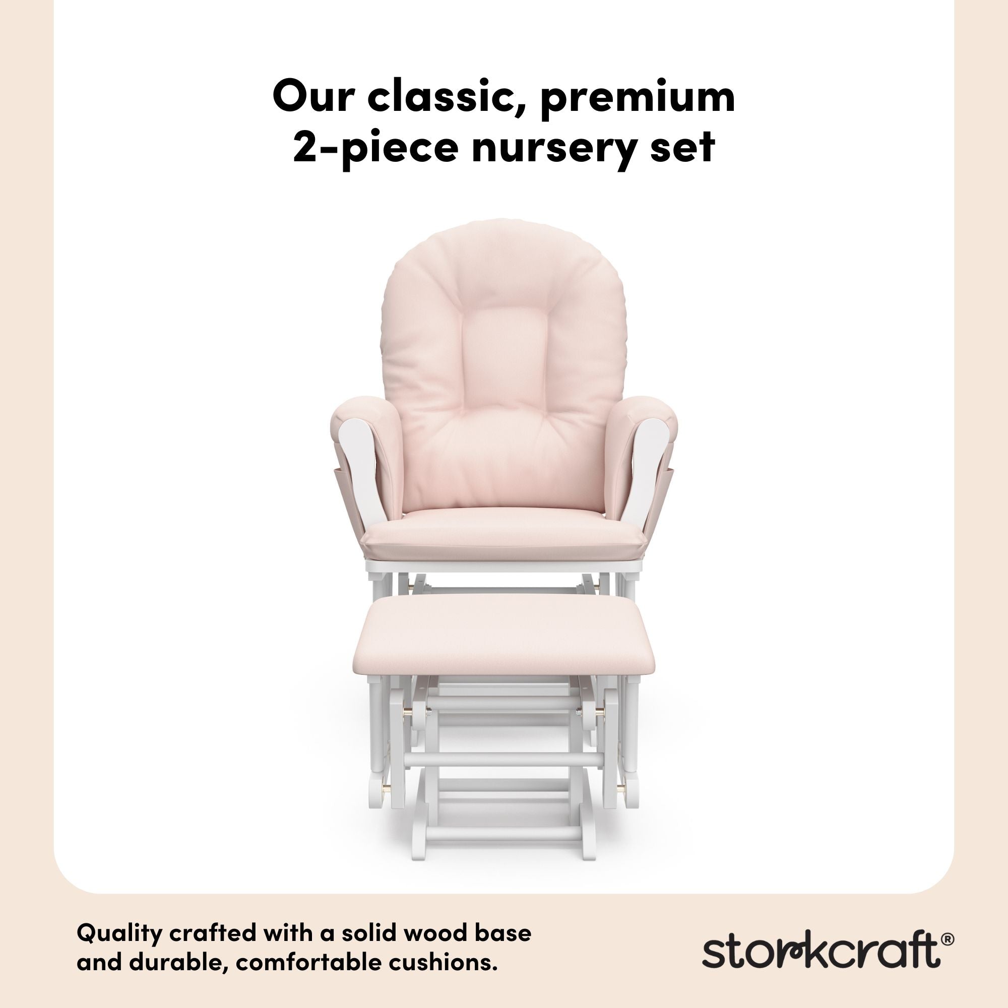 hoop glider white base with pink cushions and ottoman front view 2-piece nursery set callout
