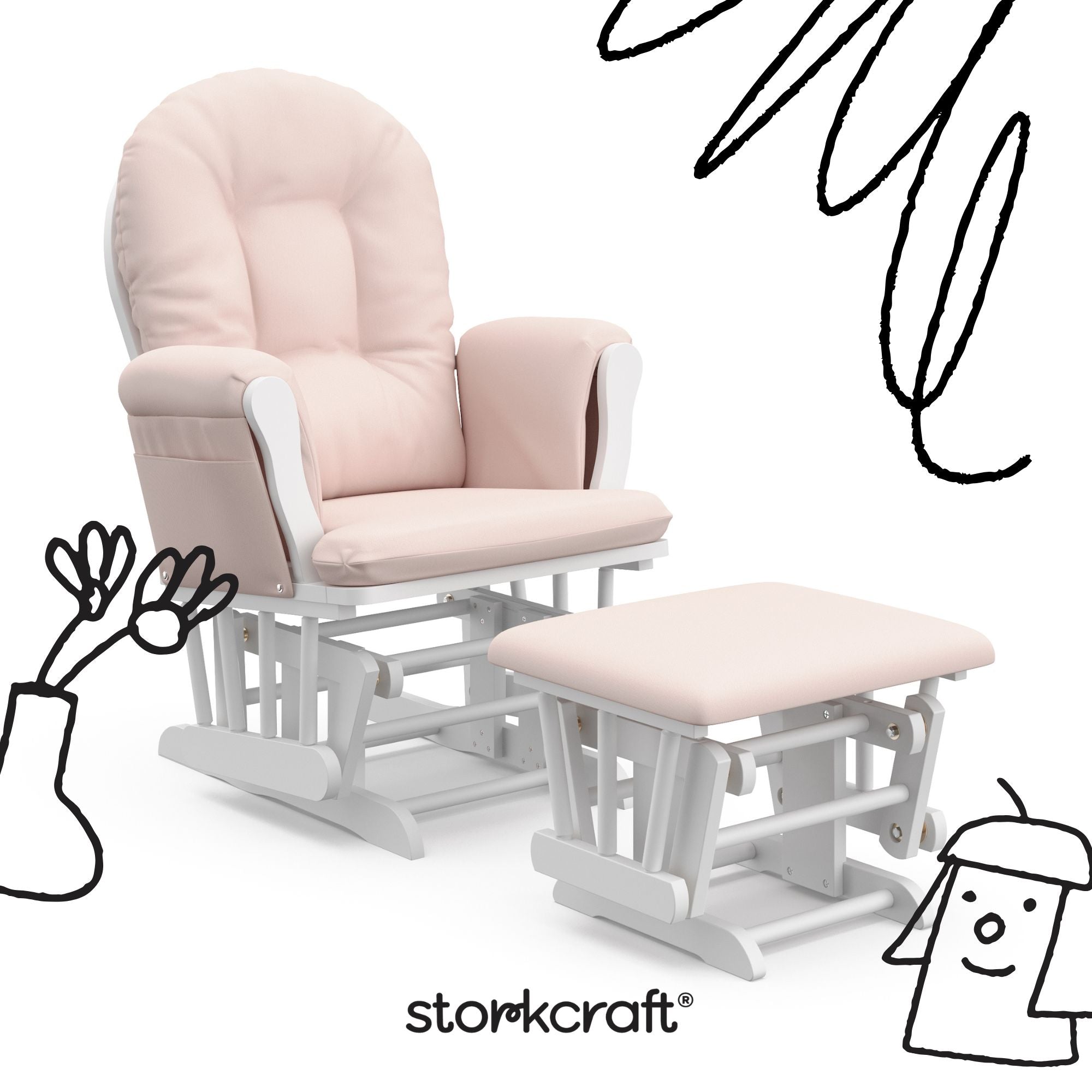 hoop glider white base with pink cushions and ottoman angle view with black cartoon drawings overlaid on image