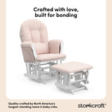 hoop glider white base with pink cushions and ottoman angle view quality craftsmanship callout