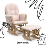 storkcraft hoop glider and ottoman natural frame with pink cushions with black doodles overlaid on image
