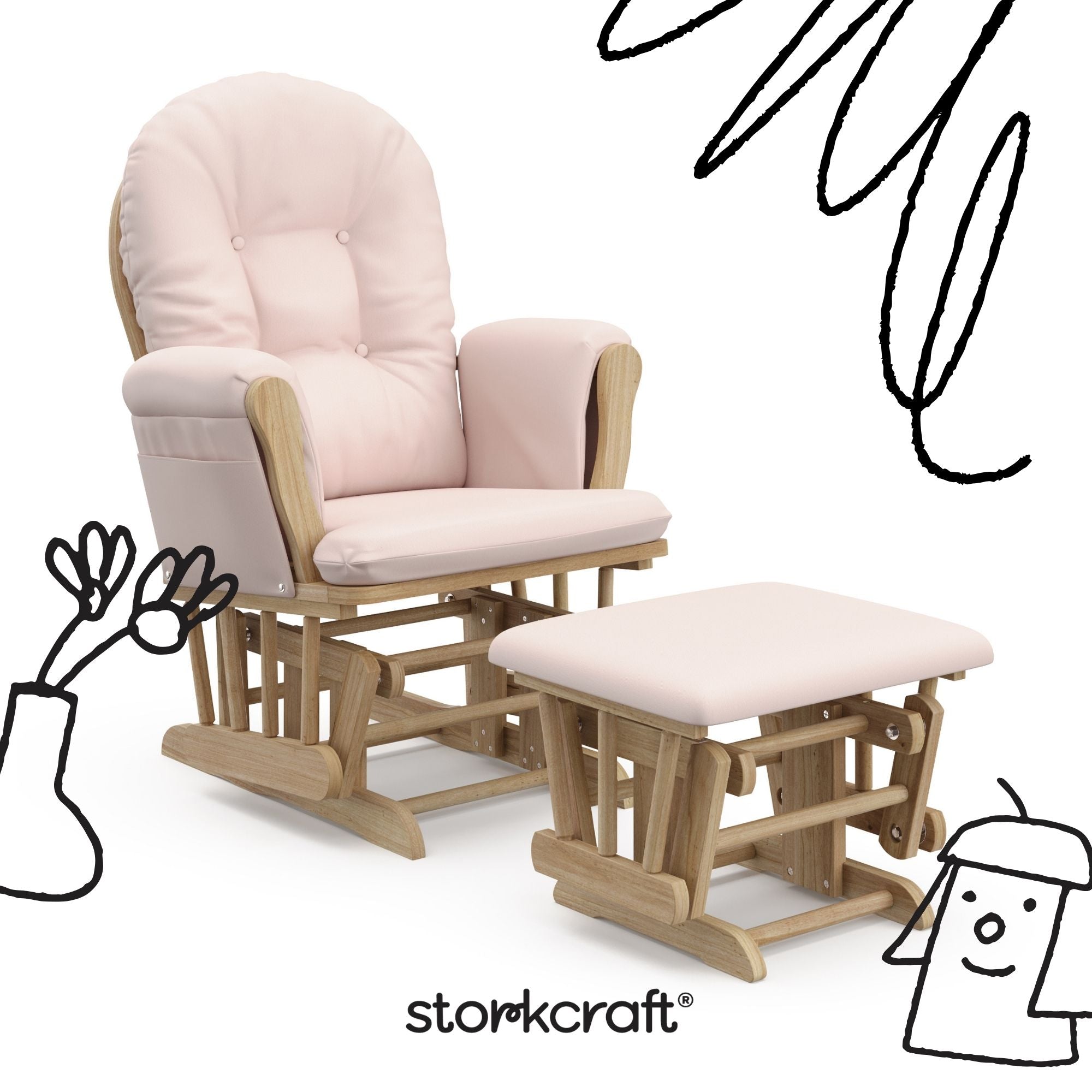 storkcraft hoop glider and ottoman natural frame with pink cushions with black doodles overlaid on image