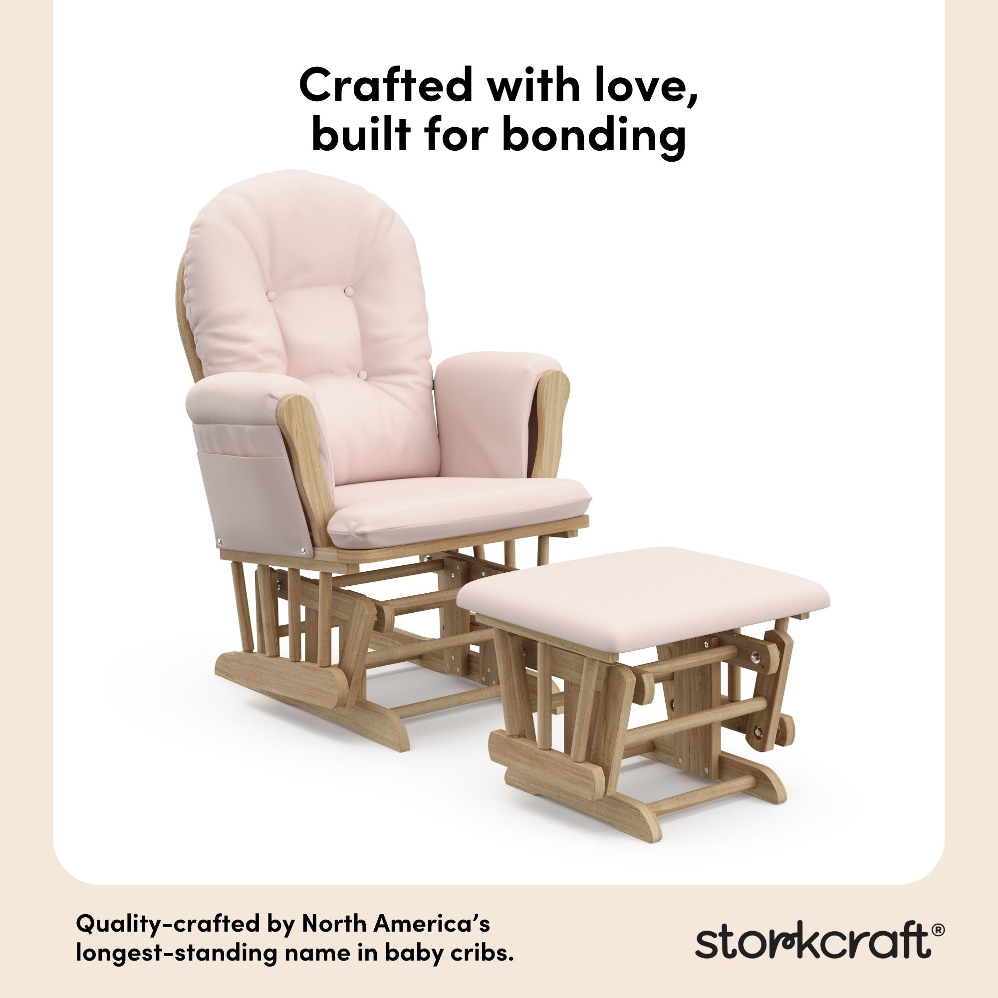 storkcraft hoop glider and ottoman natural frame with pink cushions quality crafted callout