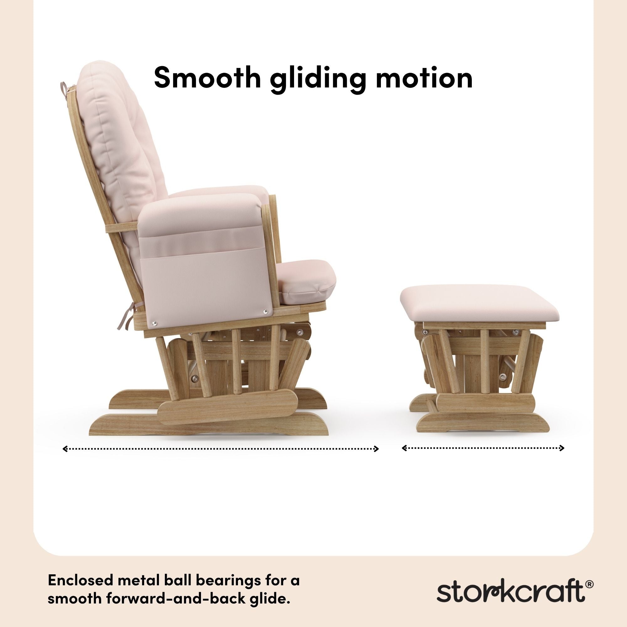 storkcraft hoop glider and ottoman natural frame with pink cushions smooth gliding motion callout
