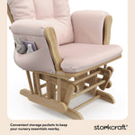 storkcraft hoop glider and ottoman natural frame with pink cushions storage pocket callout