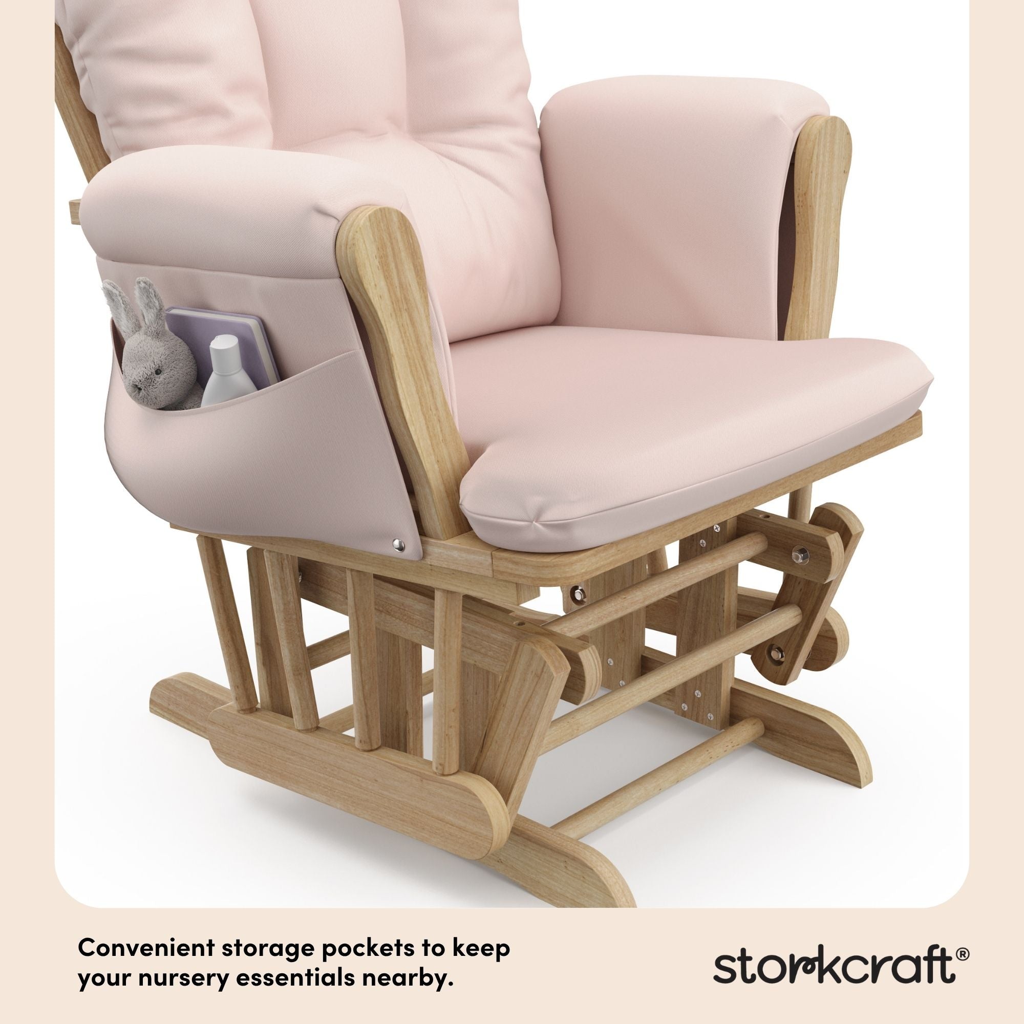 storkcraft hoop glider and ottoman natural frame with pink cushions storage pocket callout