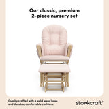 storkcraft hoop glider and ottoman natural frame with pink cushions 2-piece nursery set callout