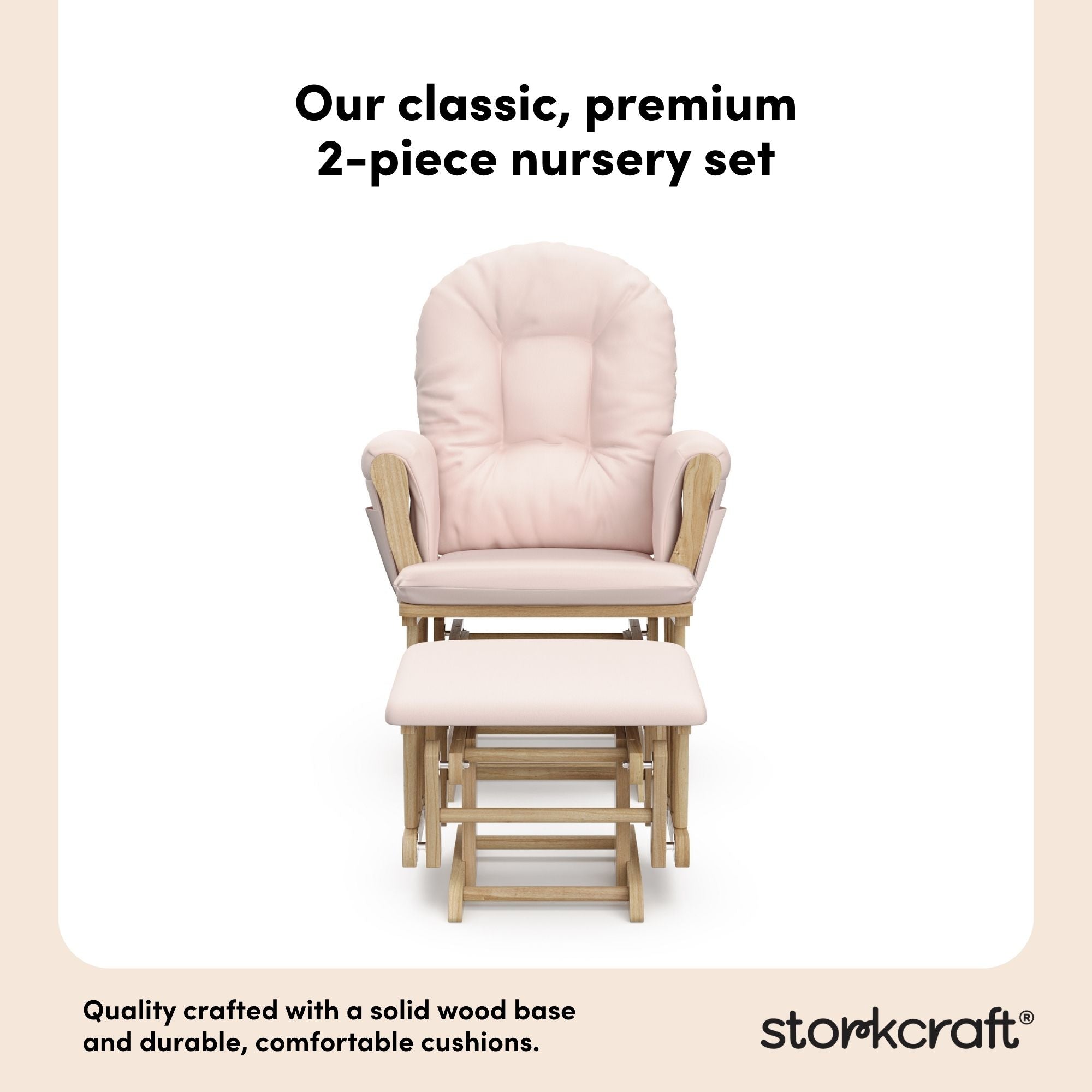 storkcraft hoop glider and ottoman natural frame with pink cushions 2-piece nursery set callout