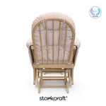 storkcraft hoop glider and ottoman natural frame with pink cushions with PTPA logo on top right