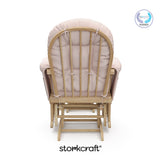 storkcraft hoop glider and ottoman natural frame with pink cushions with PTPA logo on top right