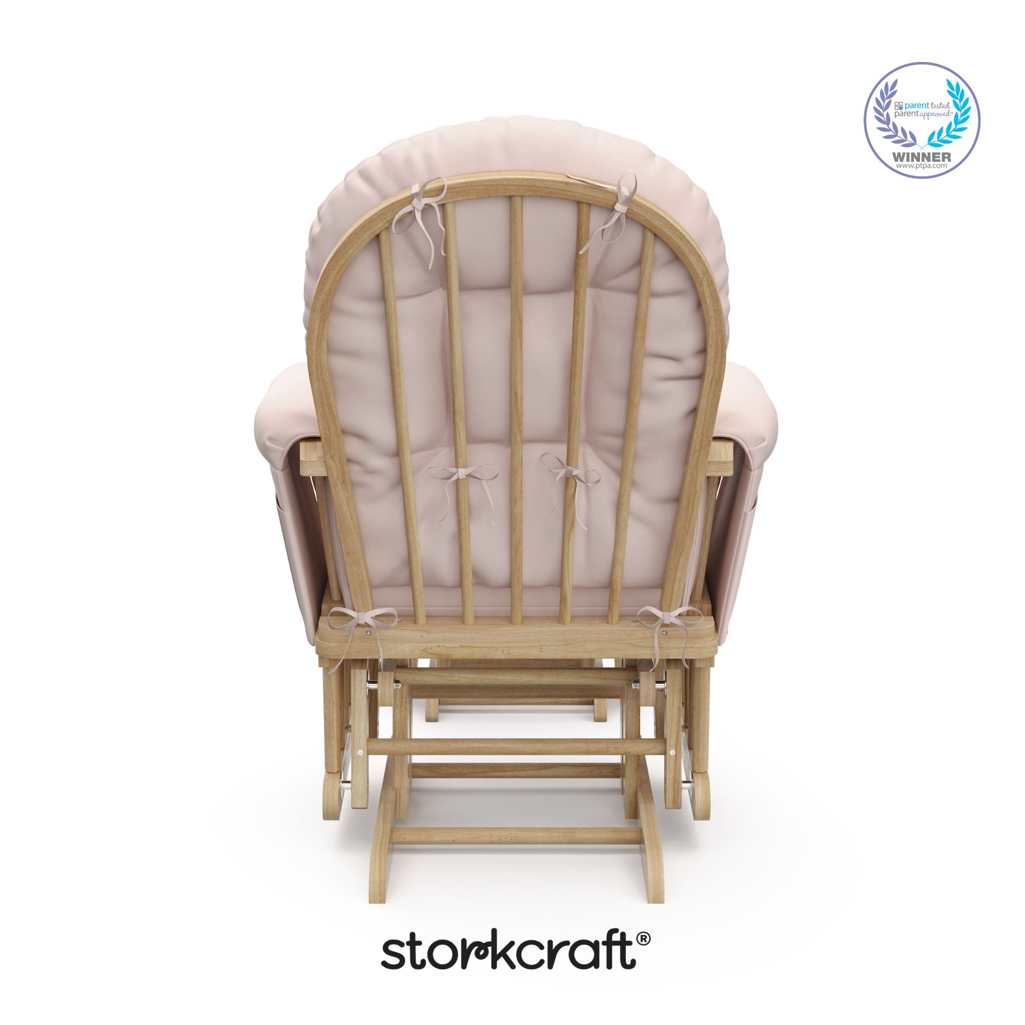 storkcraft hoop glider and ottoman natural frame with pink cushions with PTPA logo on top right
