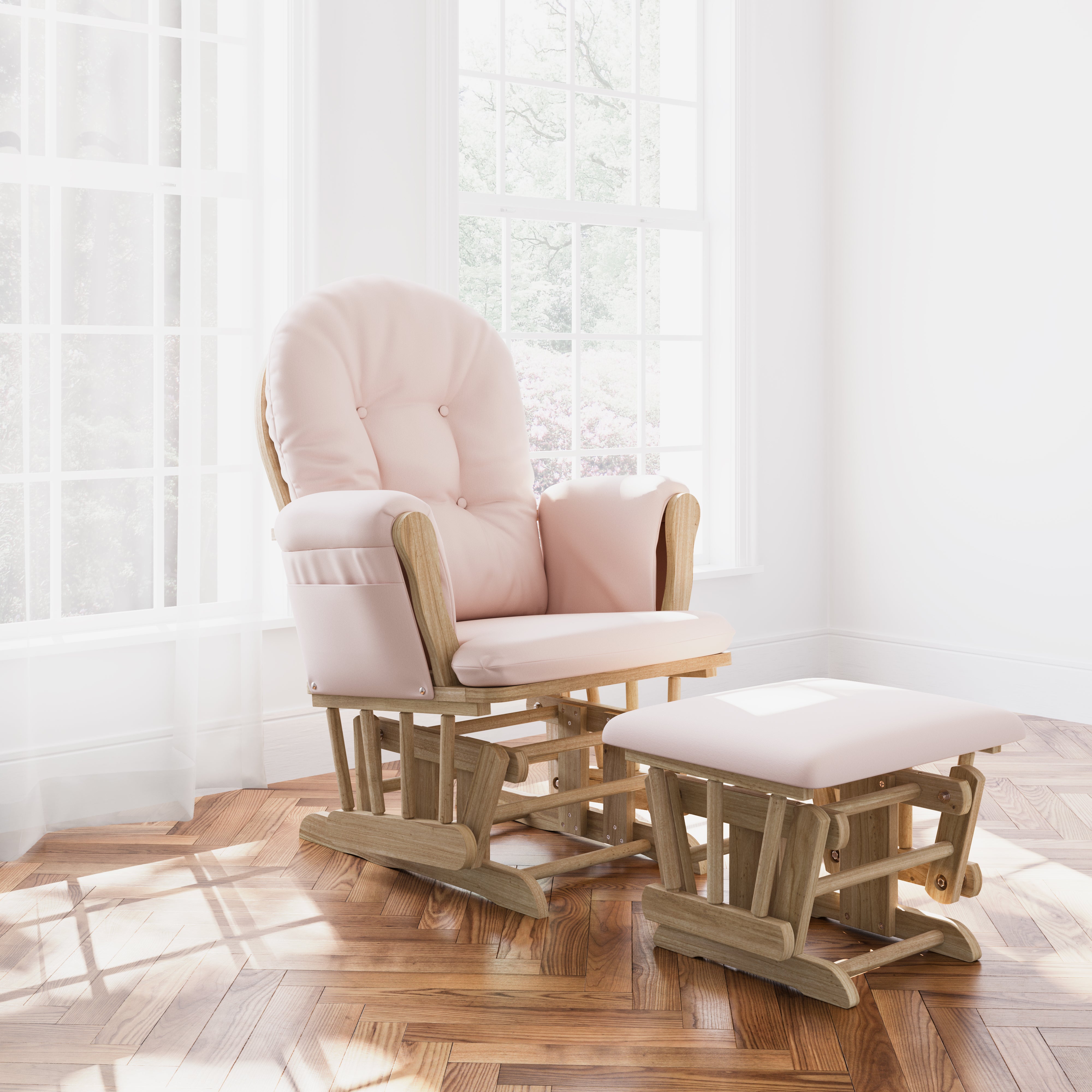 storkcraft hoop glider and ottoman natural frame with pink cushions in nursery in front of windows