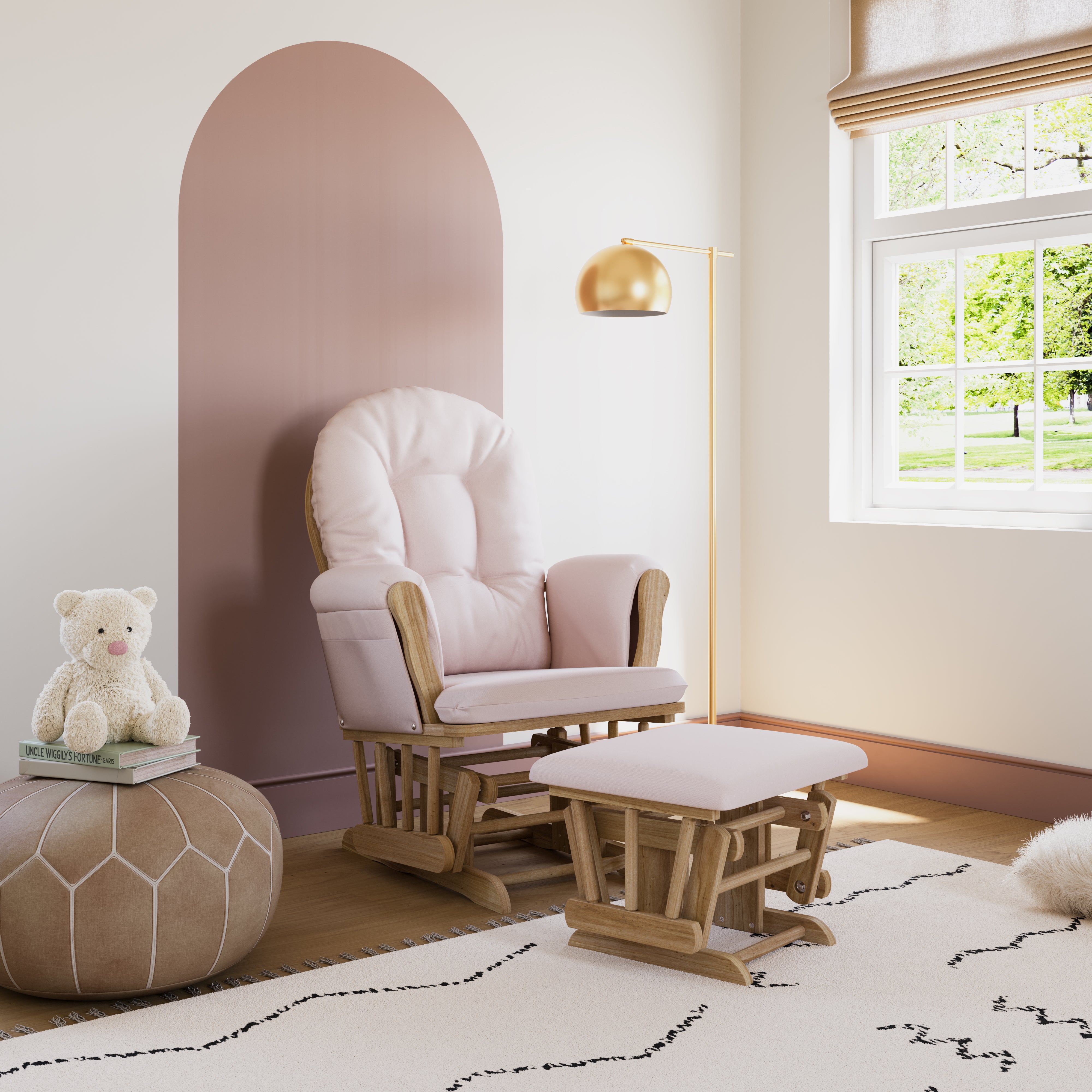 storkcraft hoop glider and ottoman natural frame with pink cushions in nursery