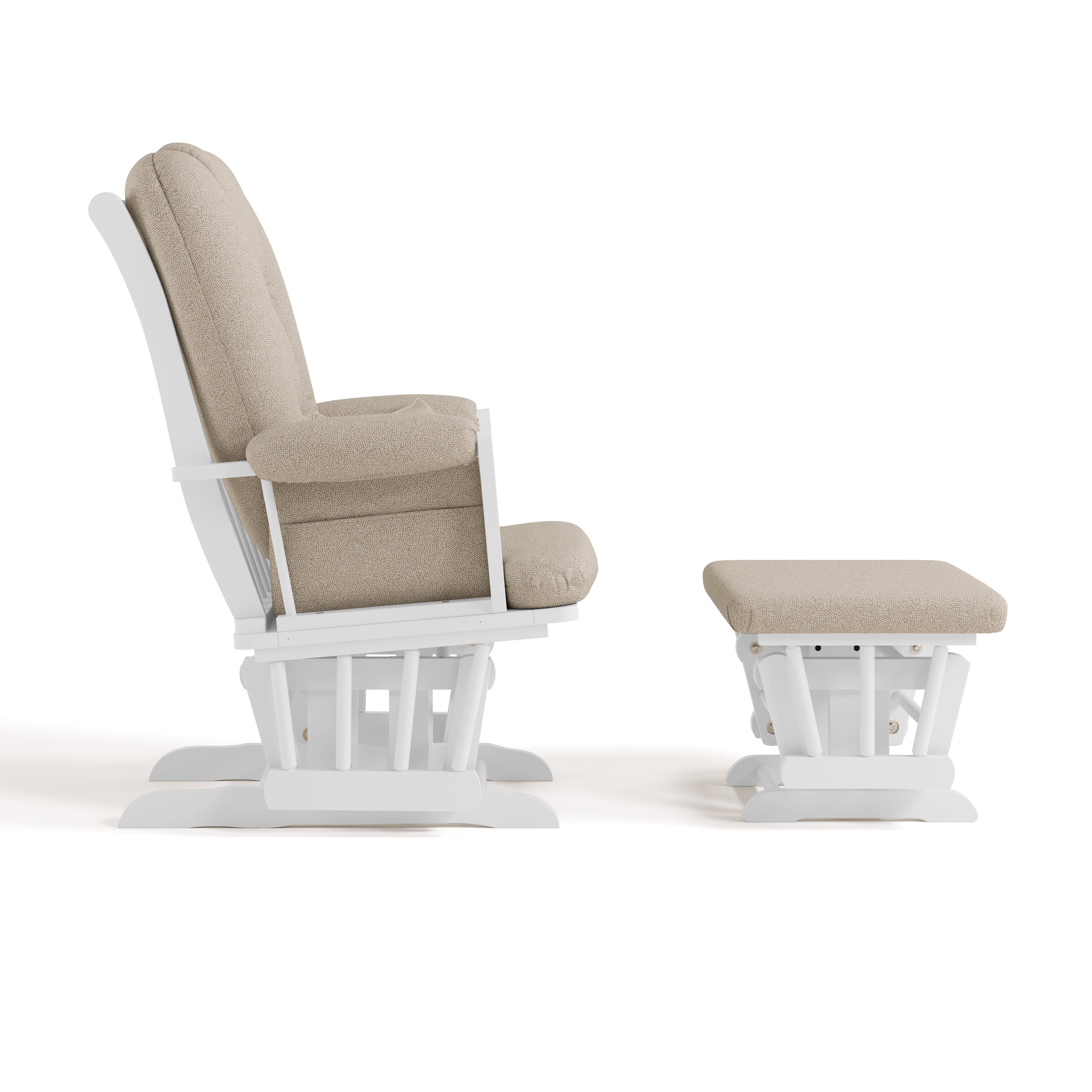 Tuscany white with taupe swirl glider and ottoman side view