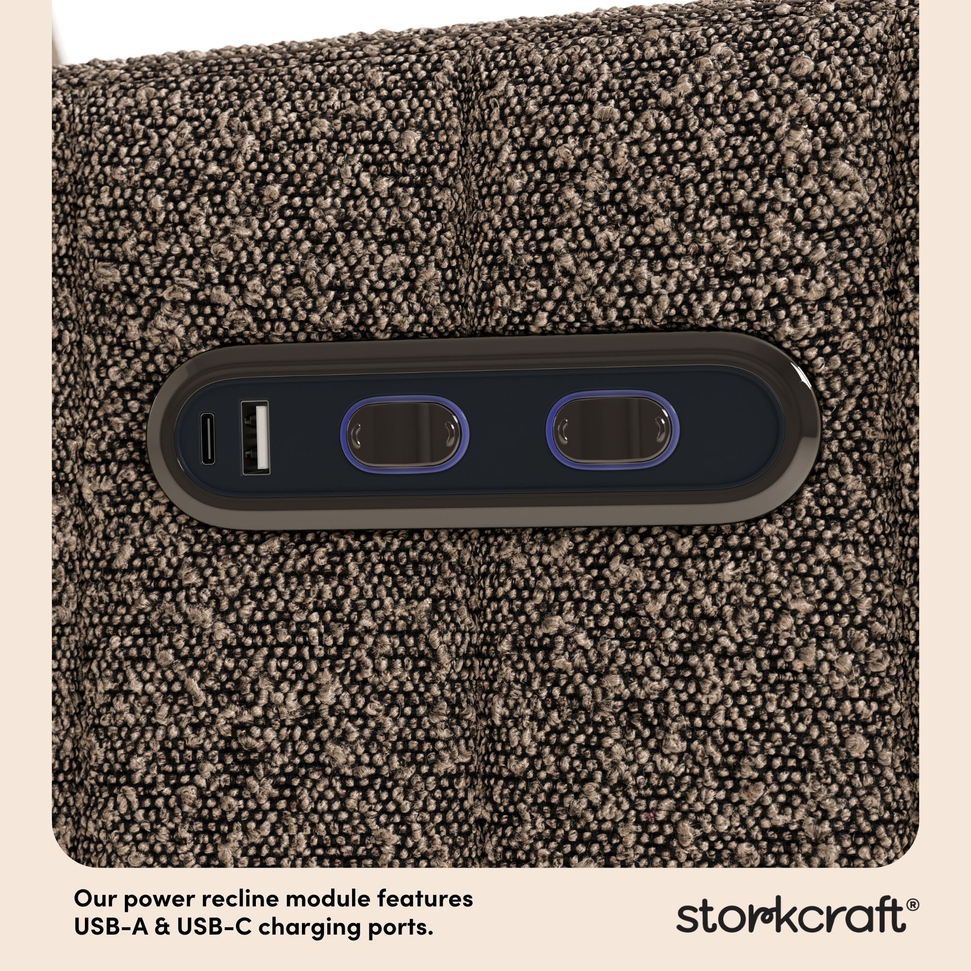 Kyoto mountain brown boucle power recliner dual USB port callout