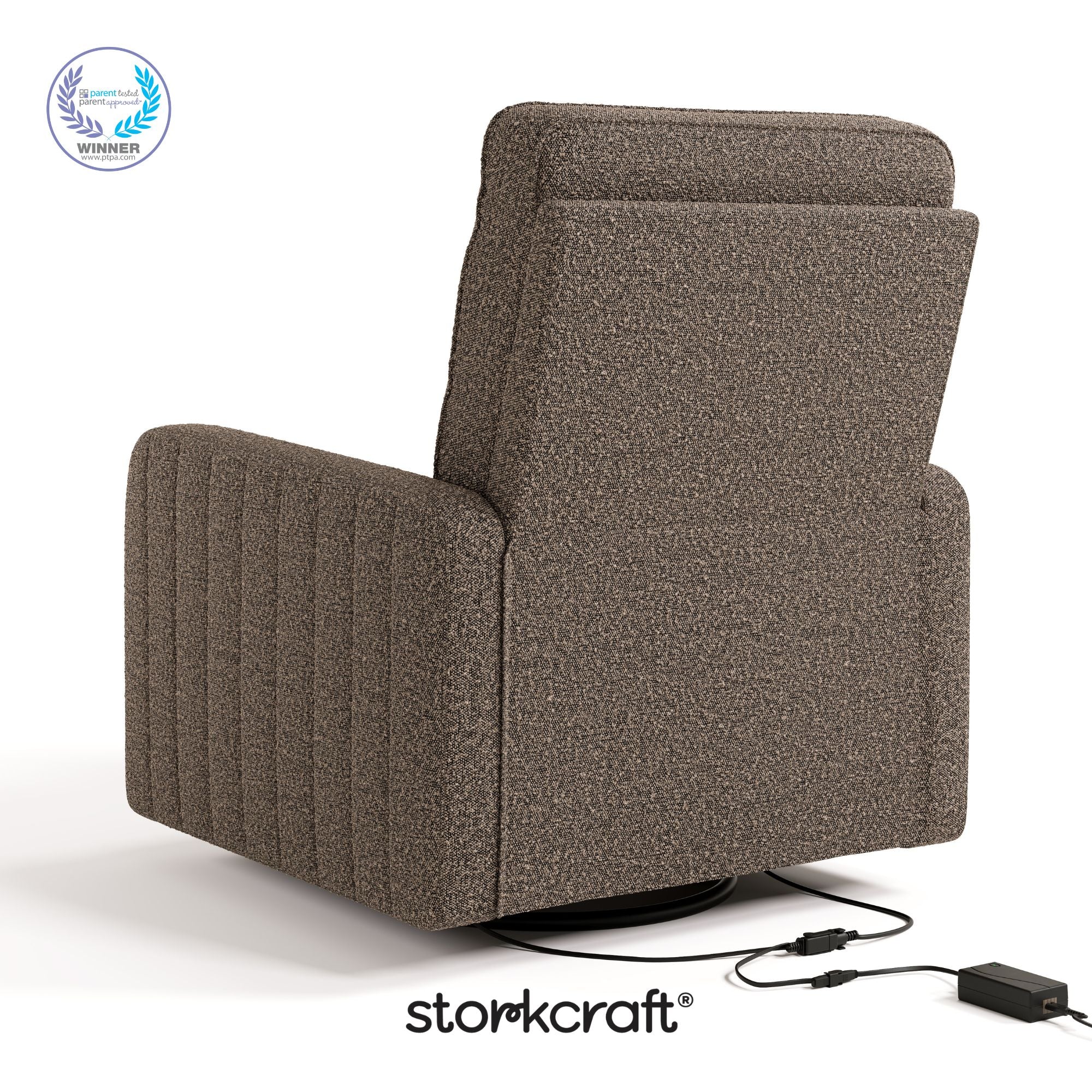 Kyoto mountain brown boucle power recliner with PTPA logo on top left