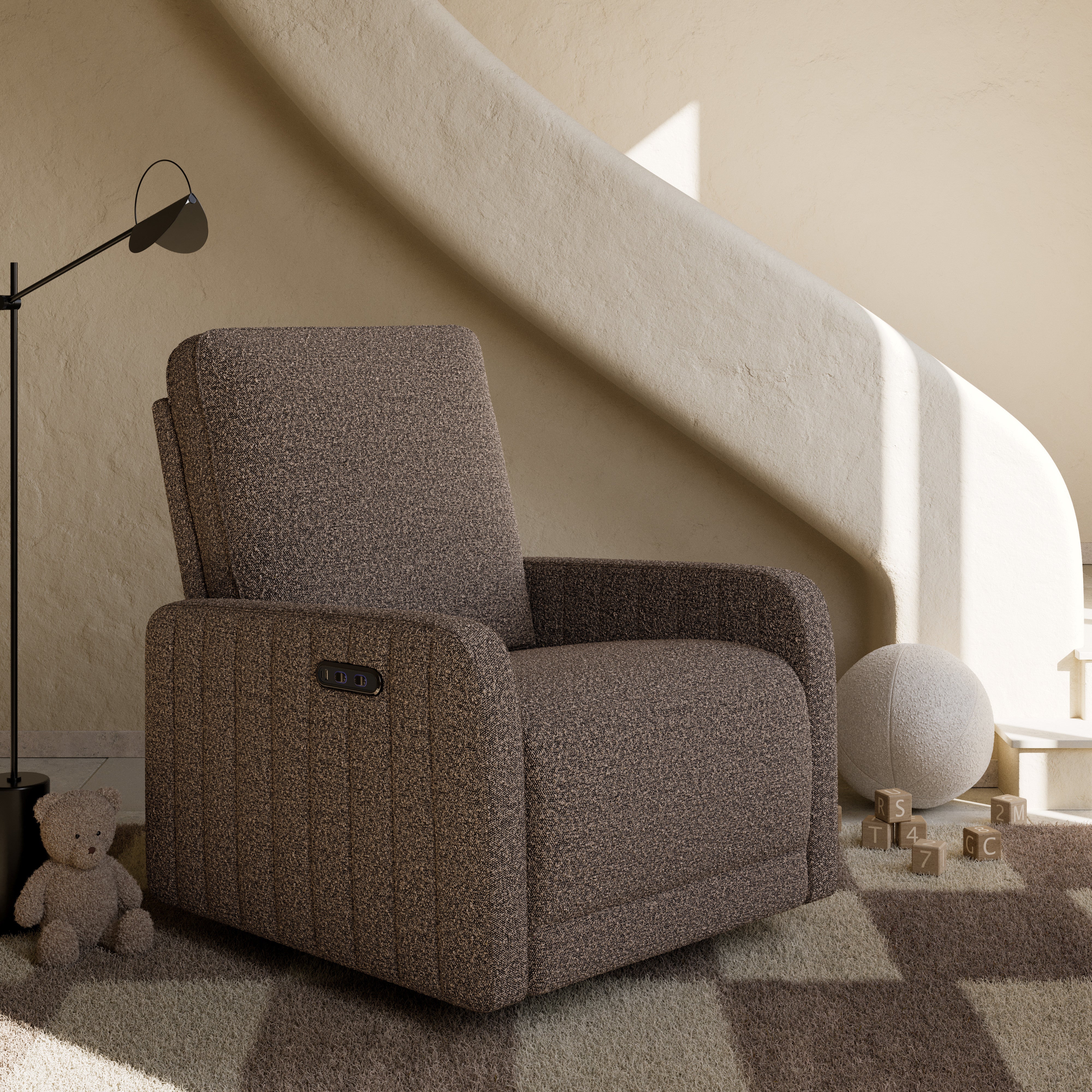 Kyoto mountain brown boucle power recliner in nursery