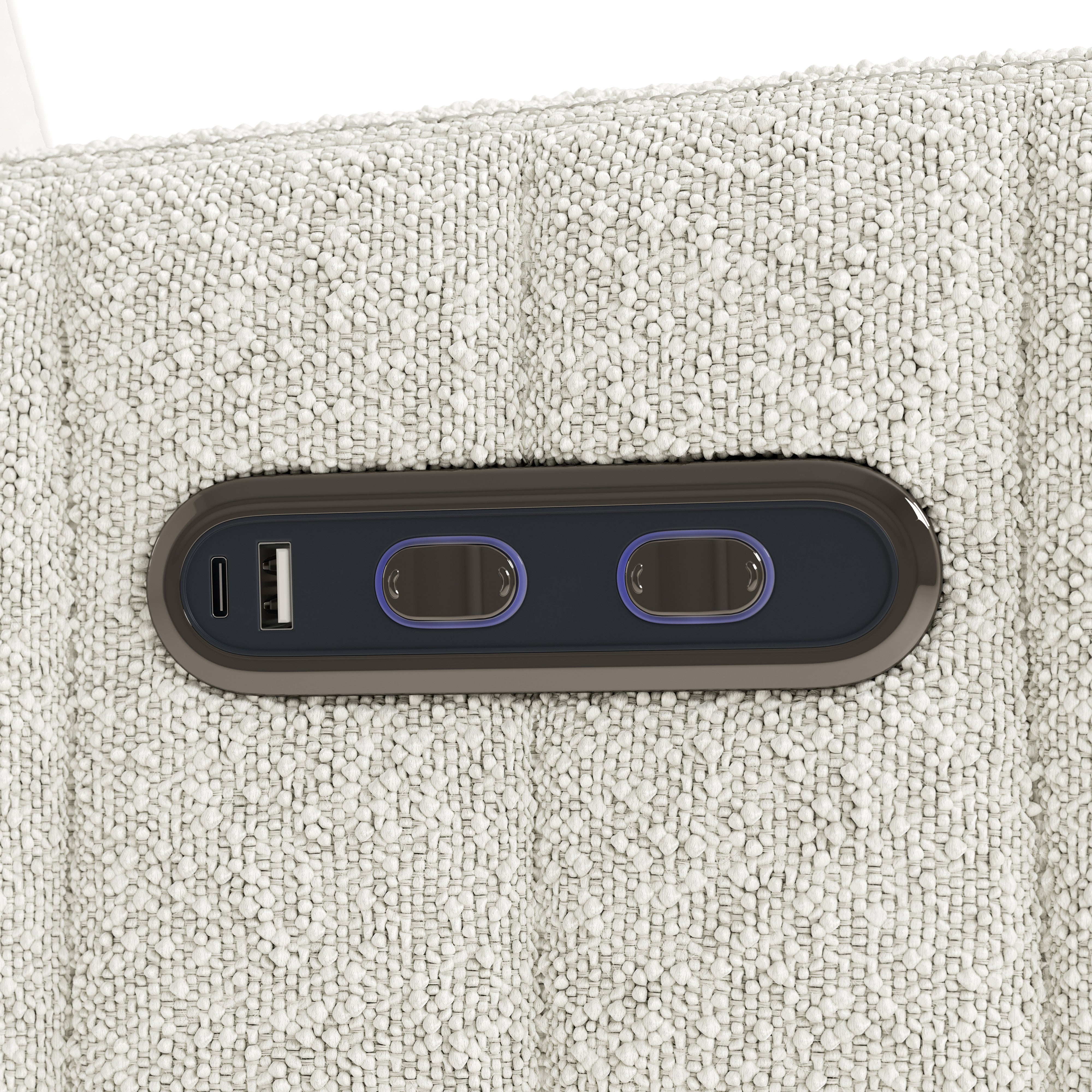 Kyoto ivory boucle power recliner closeup of dual usb ports