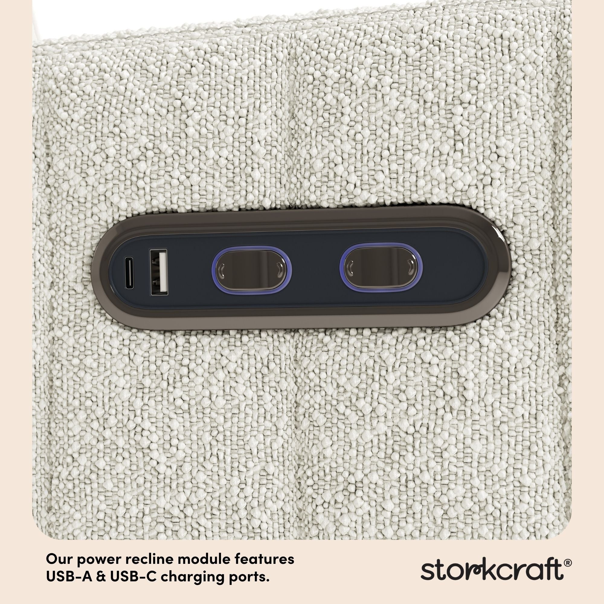 Kyoto ivory boucle power recliner dual USB port callout