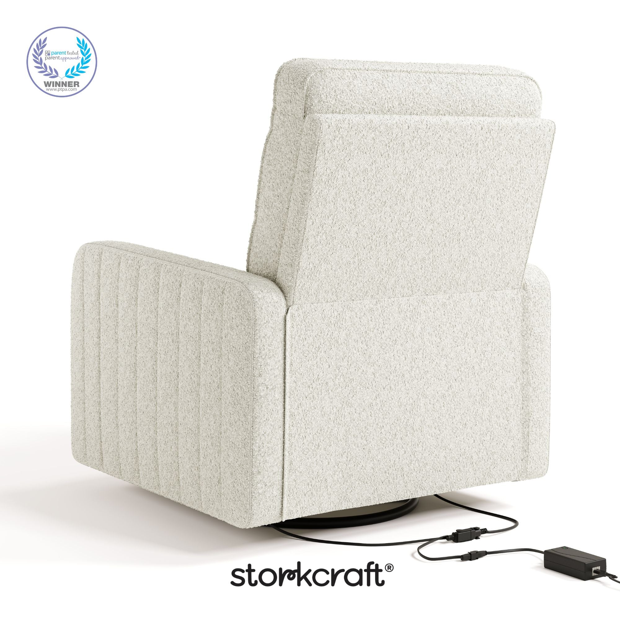 Kyoto ivory boucle power recliner with PTPA logo on top left