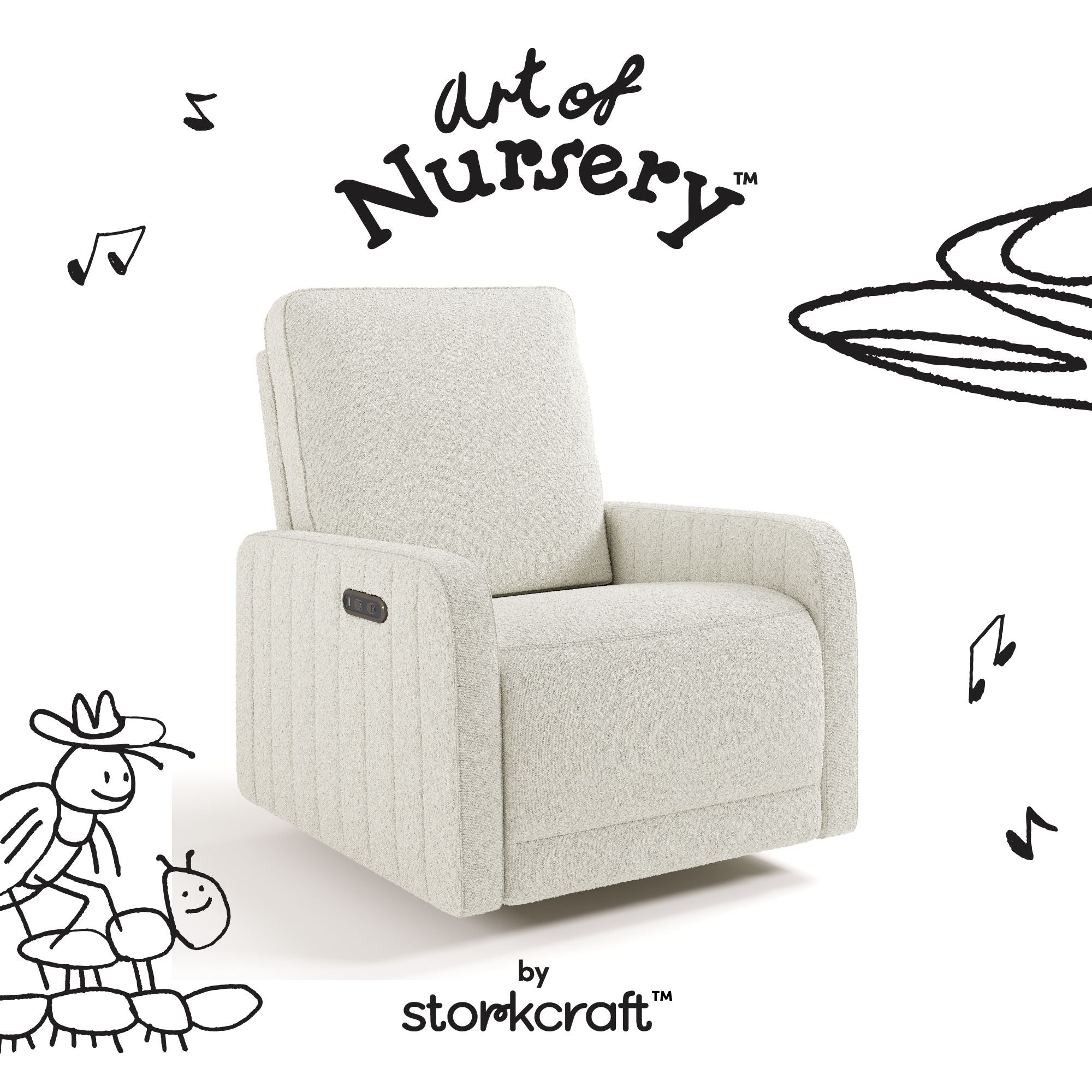 Kyoto ivory boucle glider with black doodles overlaid on image