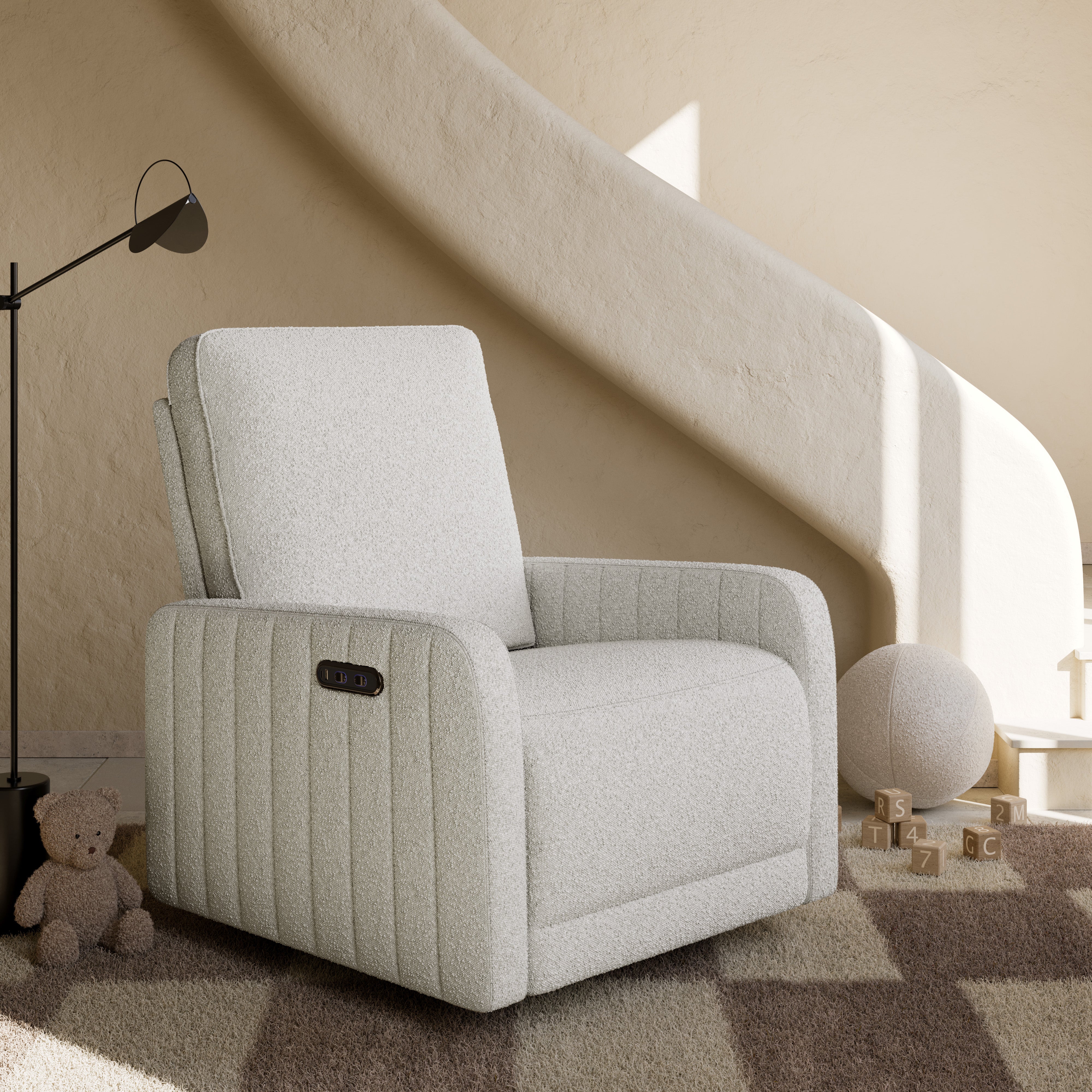 Kyoto ivory boucle power recliner in nursery
