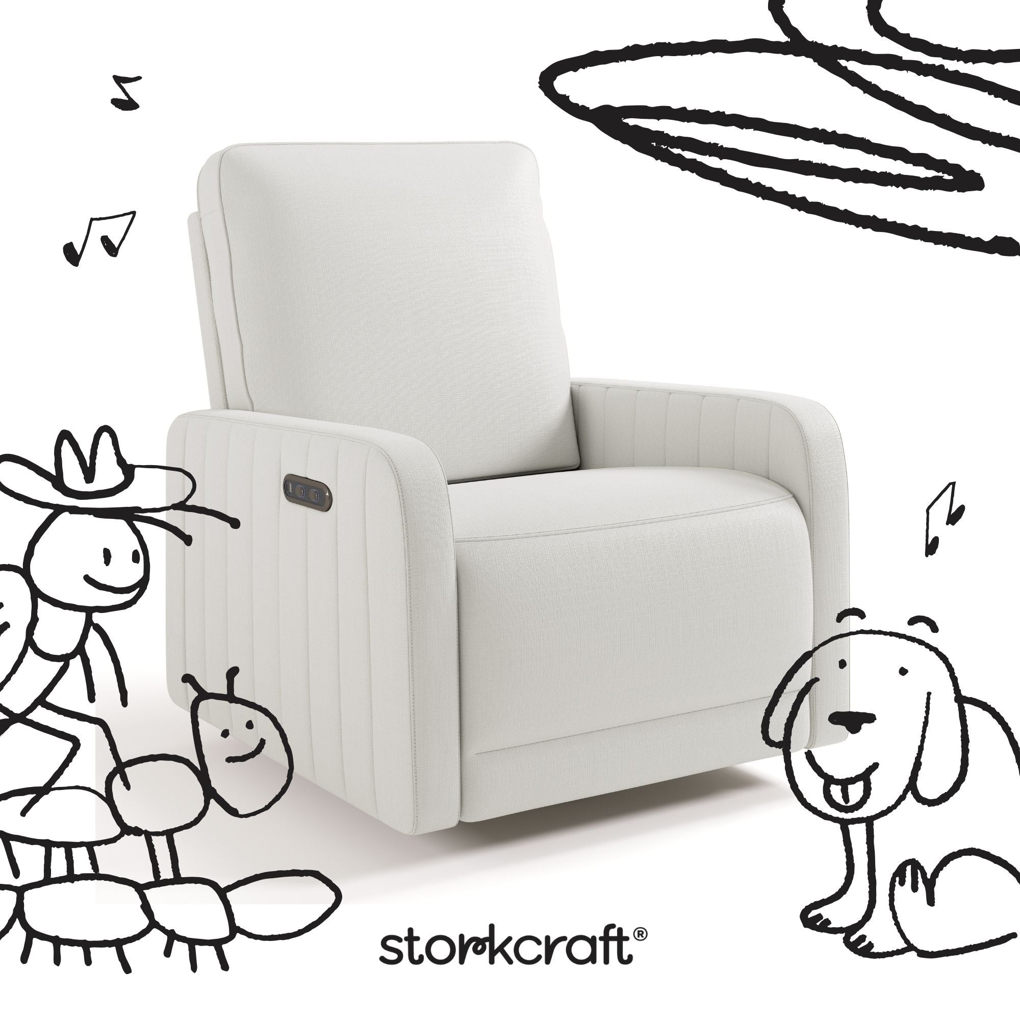Kyoto ivory basketweave power recliner with black drawings overlaid on image