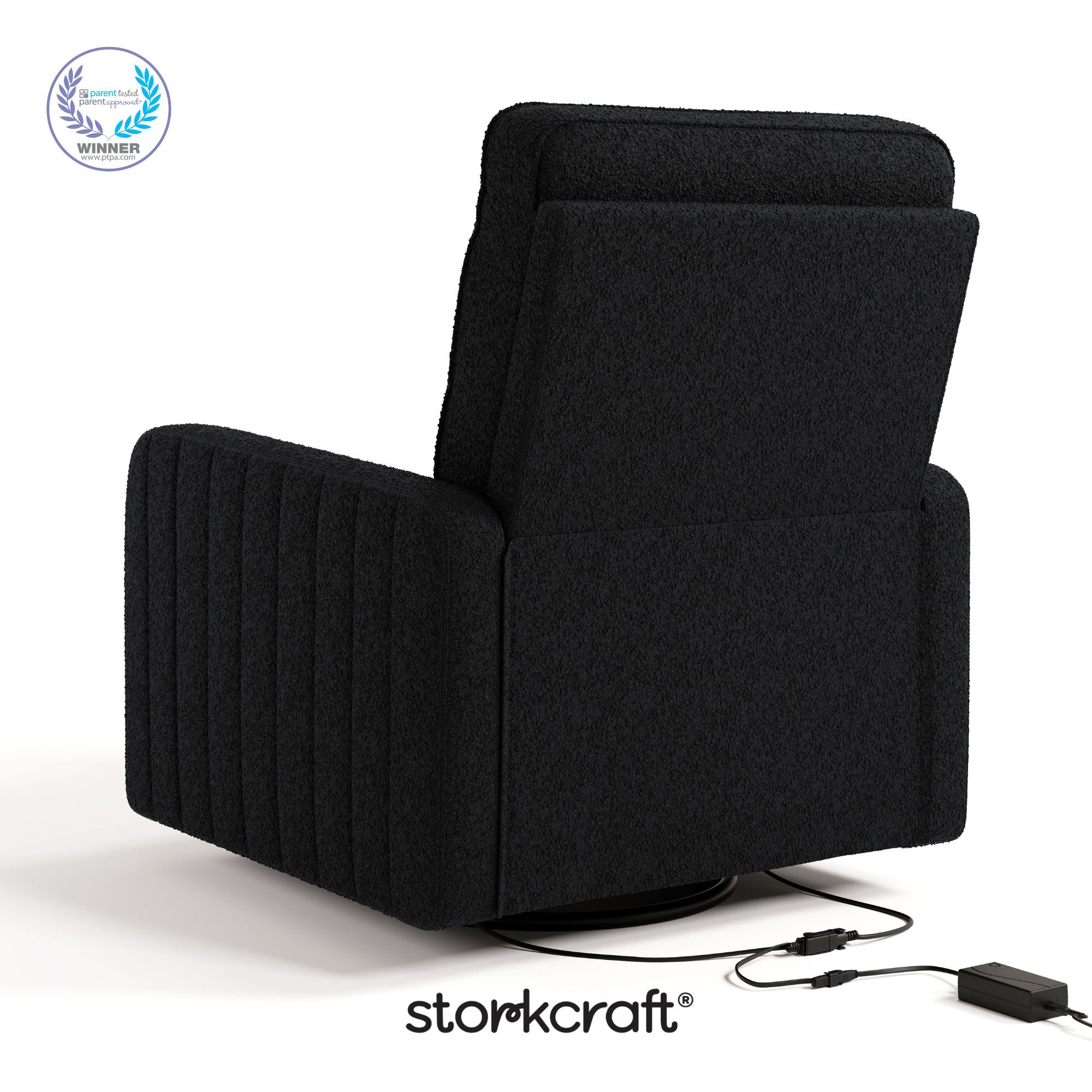 Kyoto black boucle power recliner with PTPA logo on top left