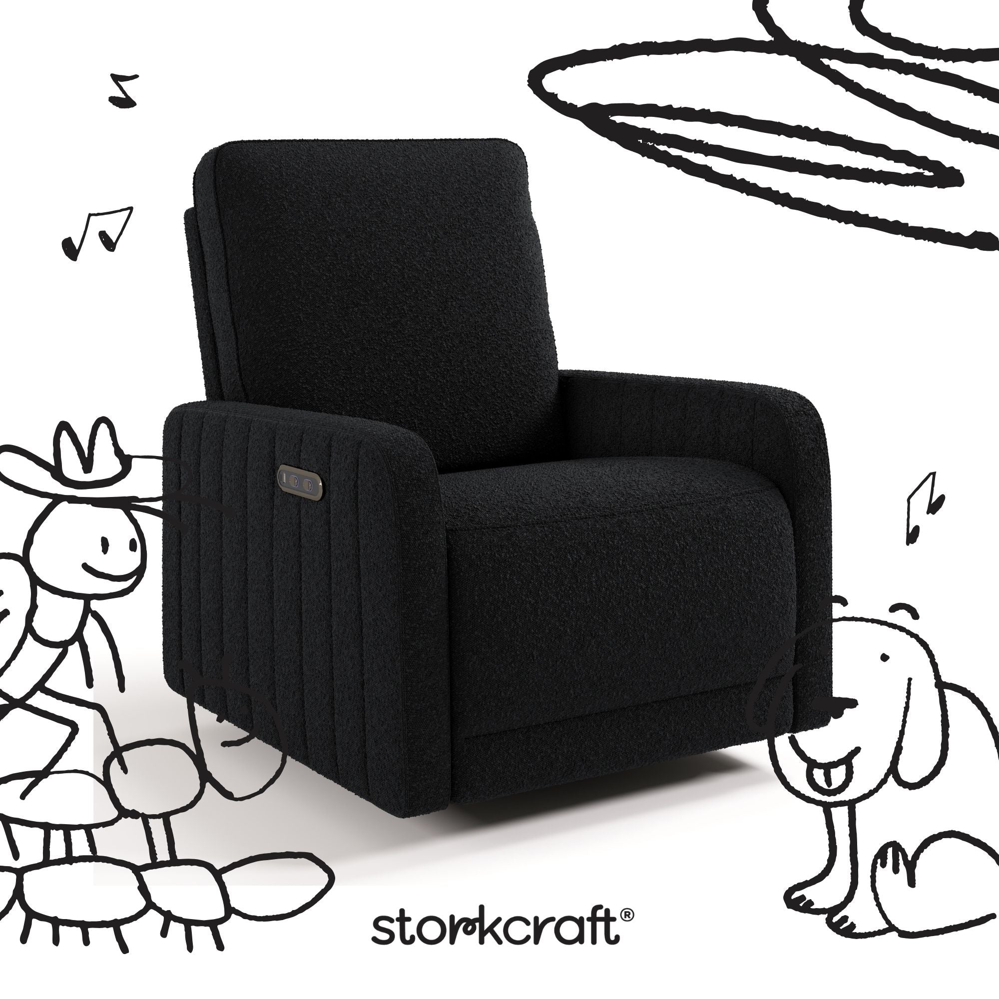 Kyoto black boucle power recliner with black drawings overlaid on image