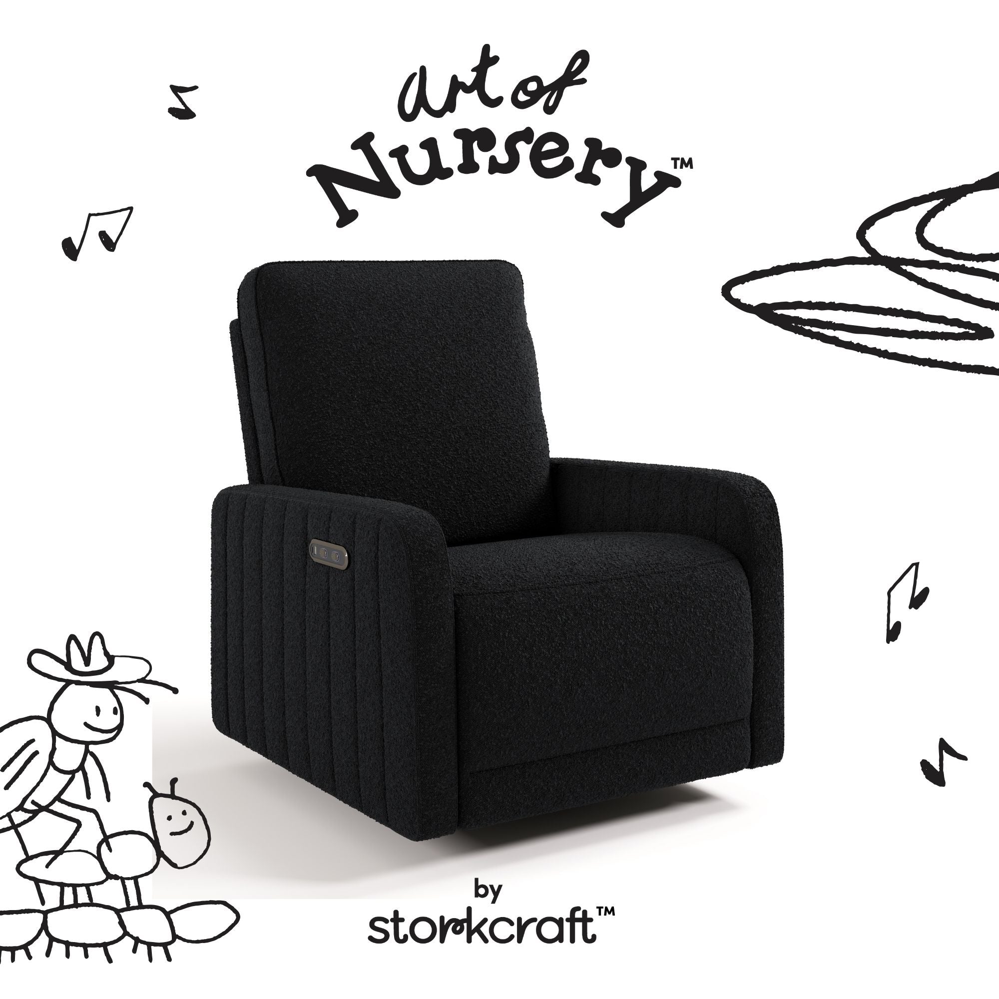 Kyoto black boucle glider with black doodles overlaid on image