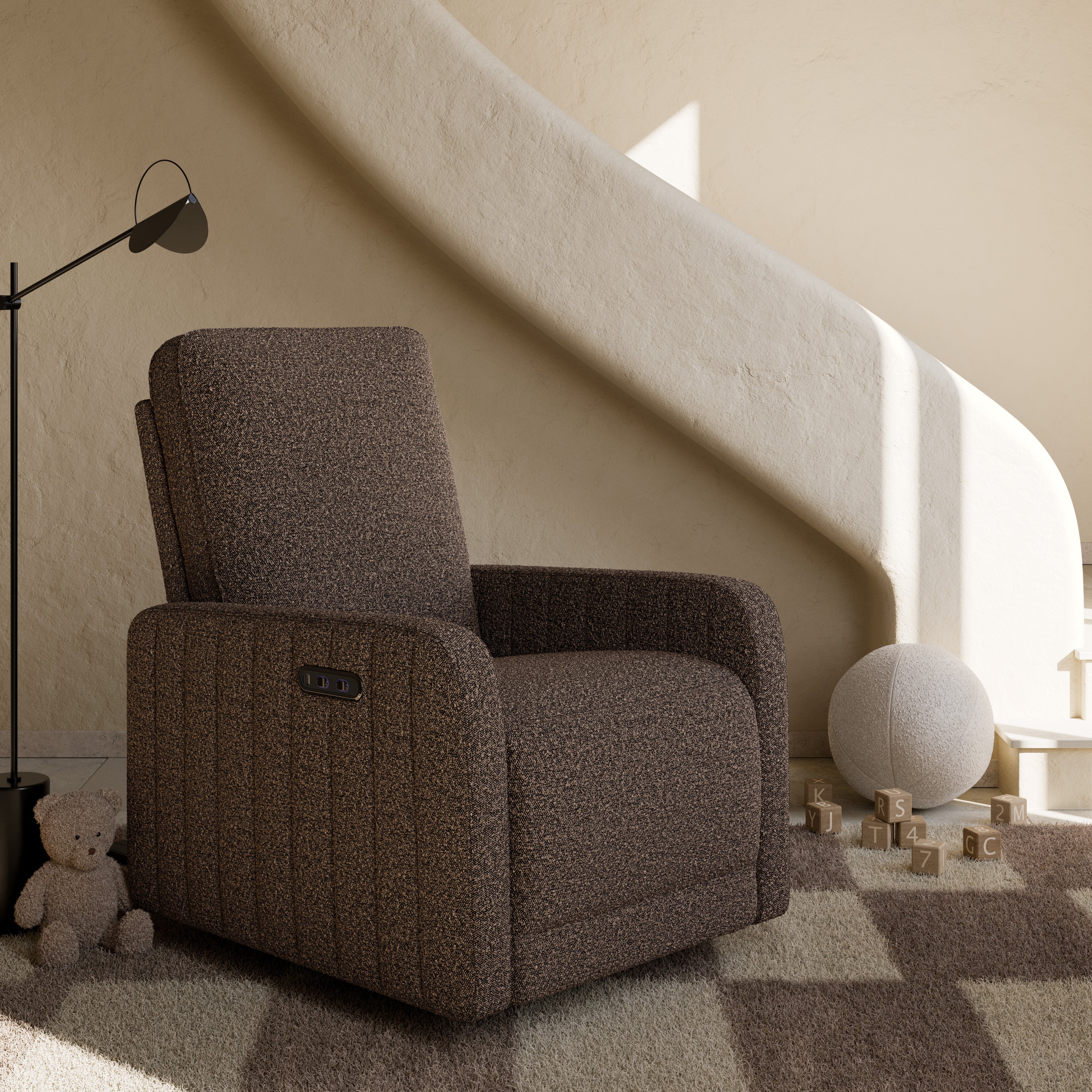 Kyoto mountain brown boucle recliner in nursery