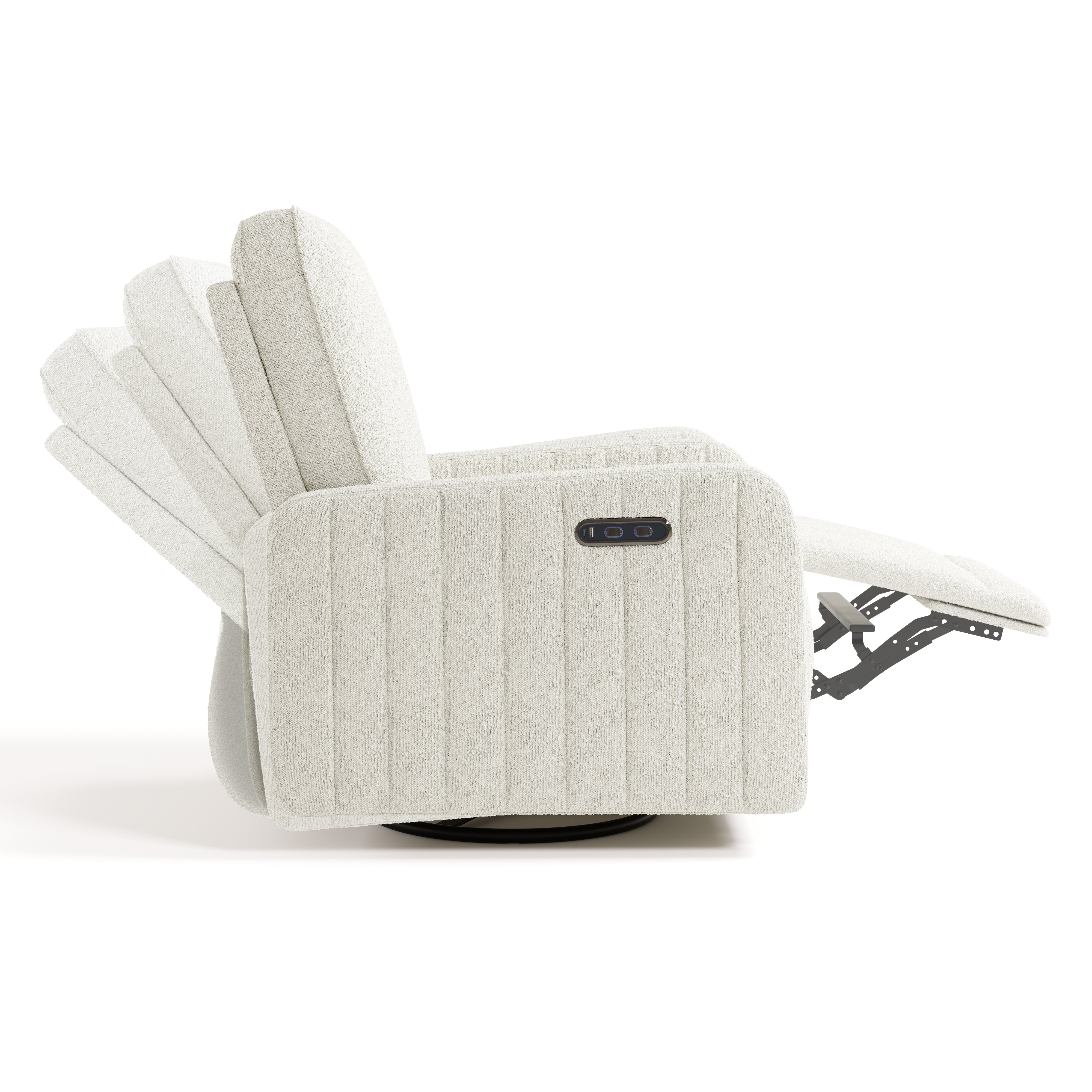 Kyoto ivory boucle recliner side view with recline motion shadows