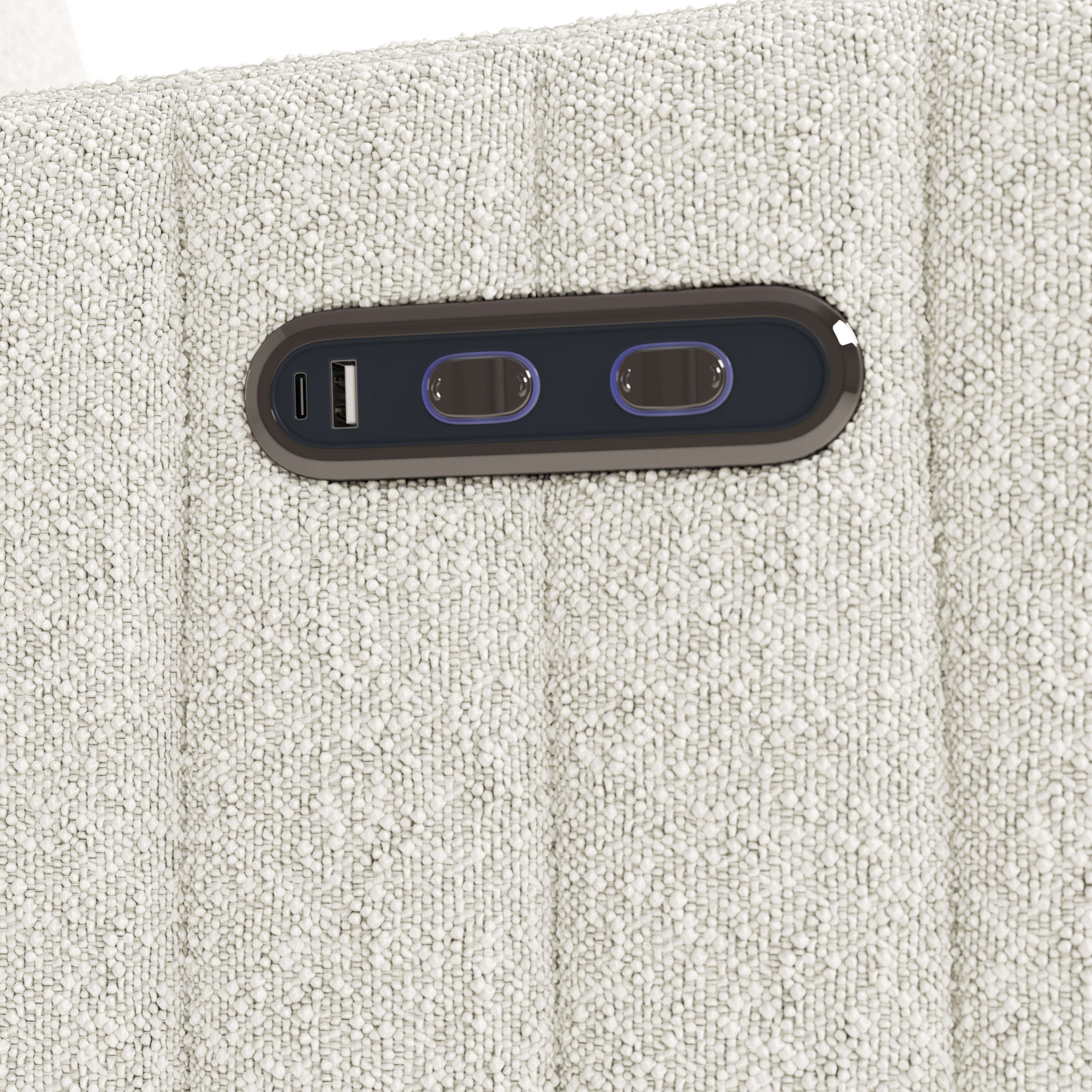Kyoto ivory boucle recliner close up of dual USB ports