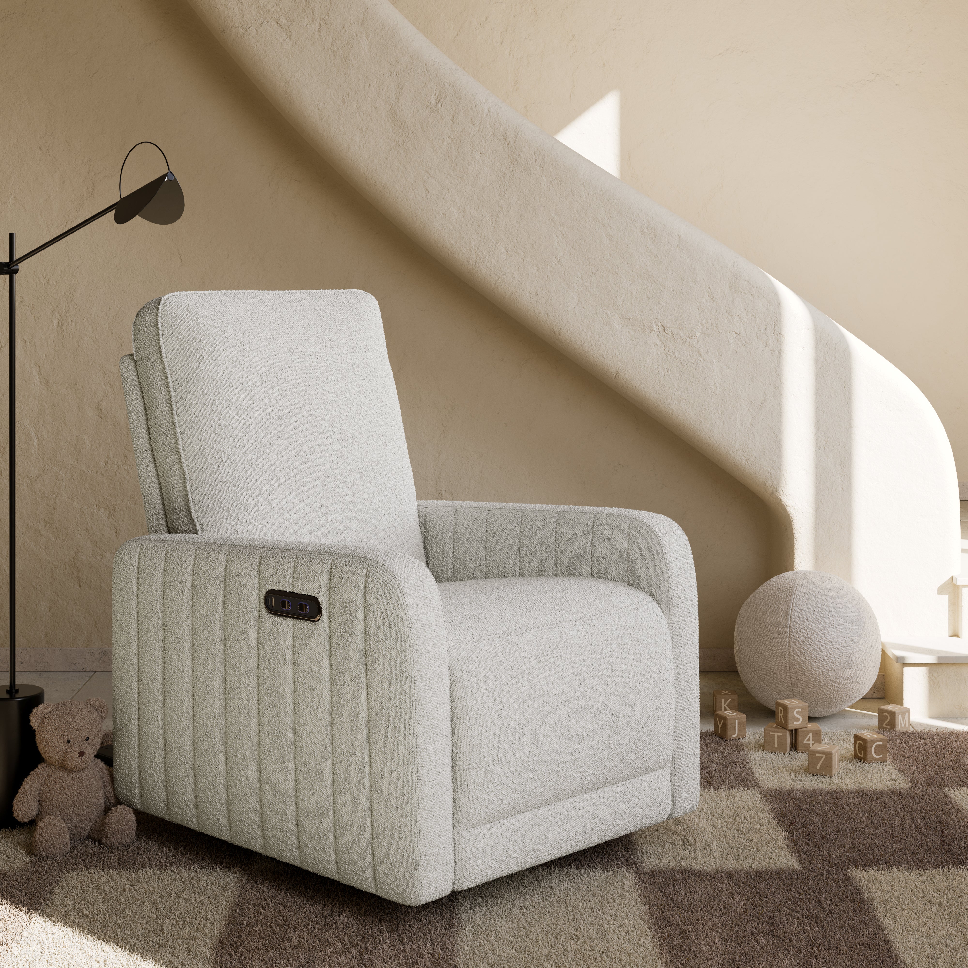 Kyoto ivory boucle recliner in nursery