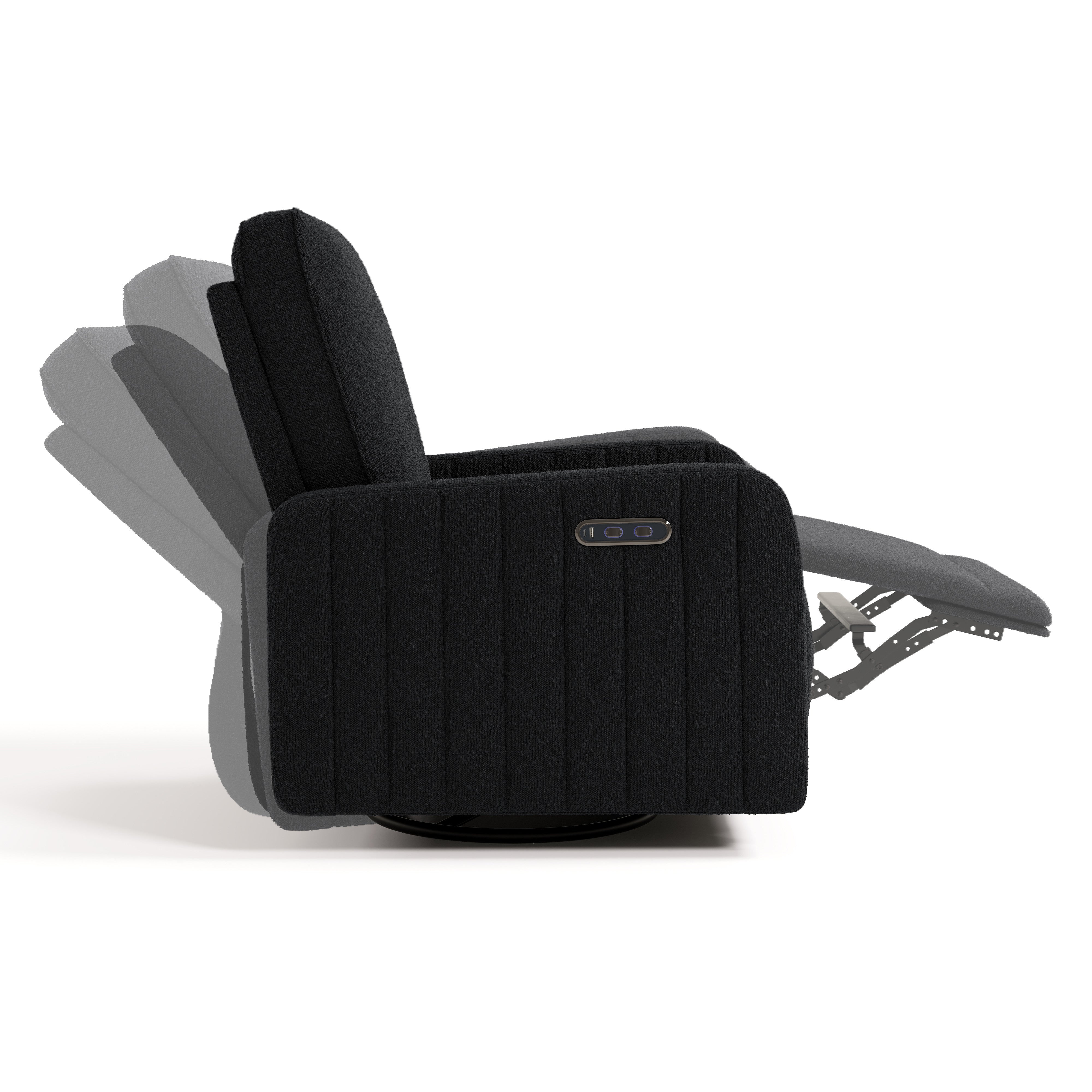 Kyoto black boucle recliner side view with recline motion shadows