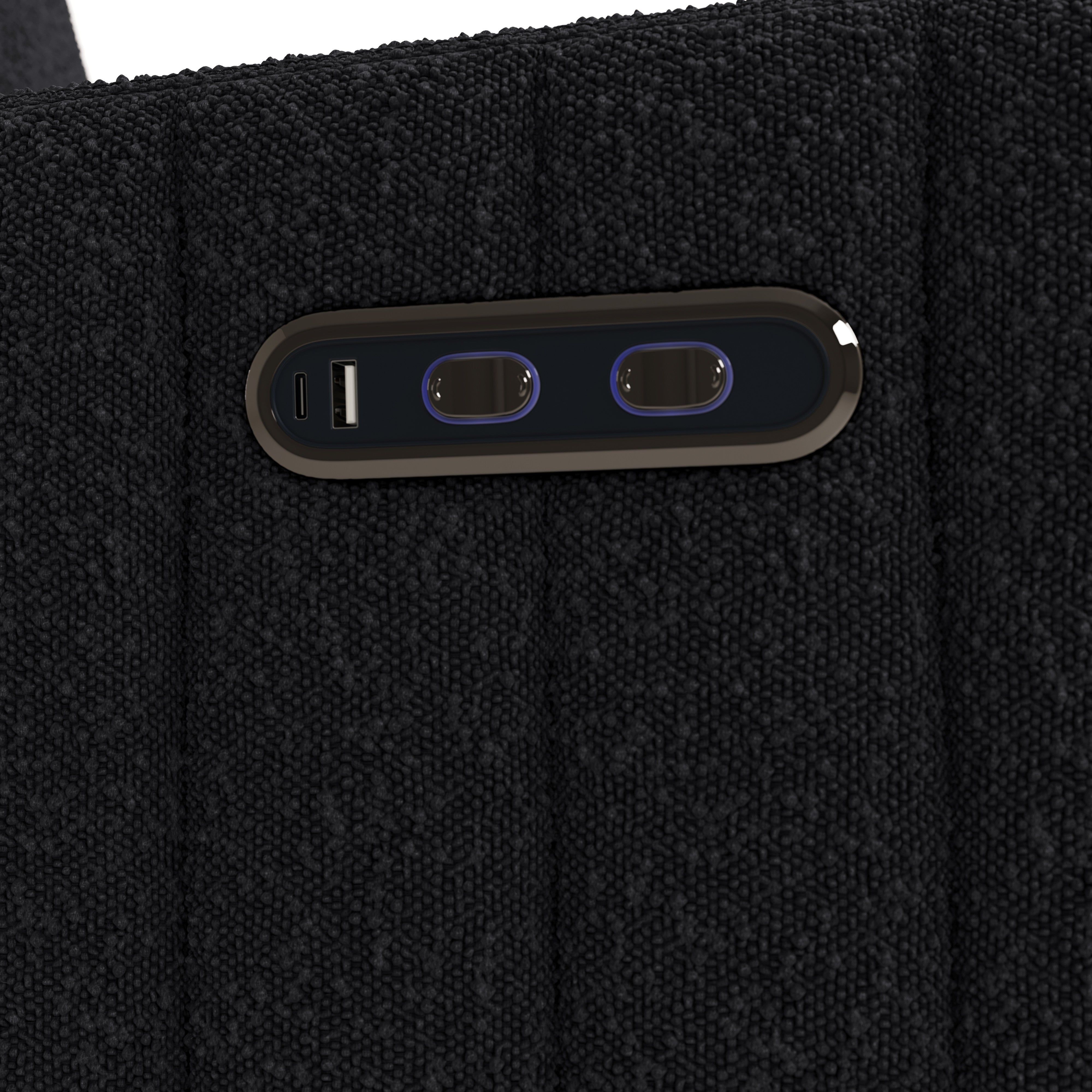 Kyoto black boucle recliner close up of dual USB ports