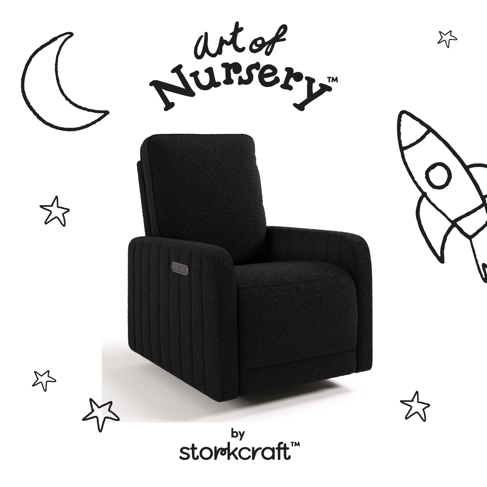 Kyoto black boucle glider with black doodles overlaid on image