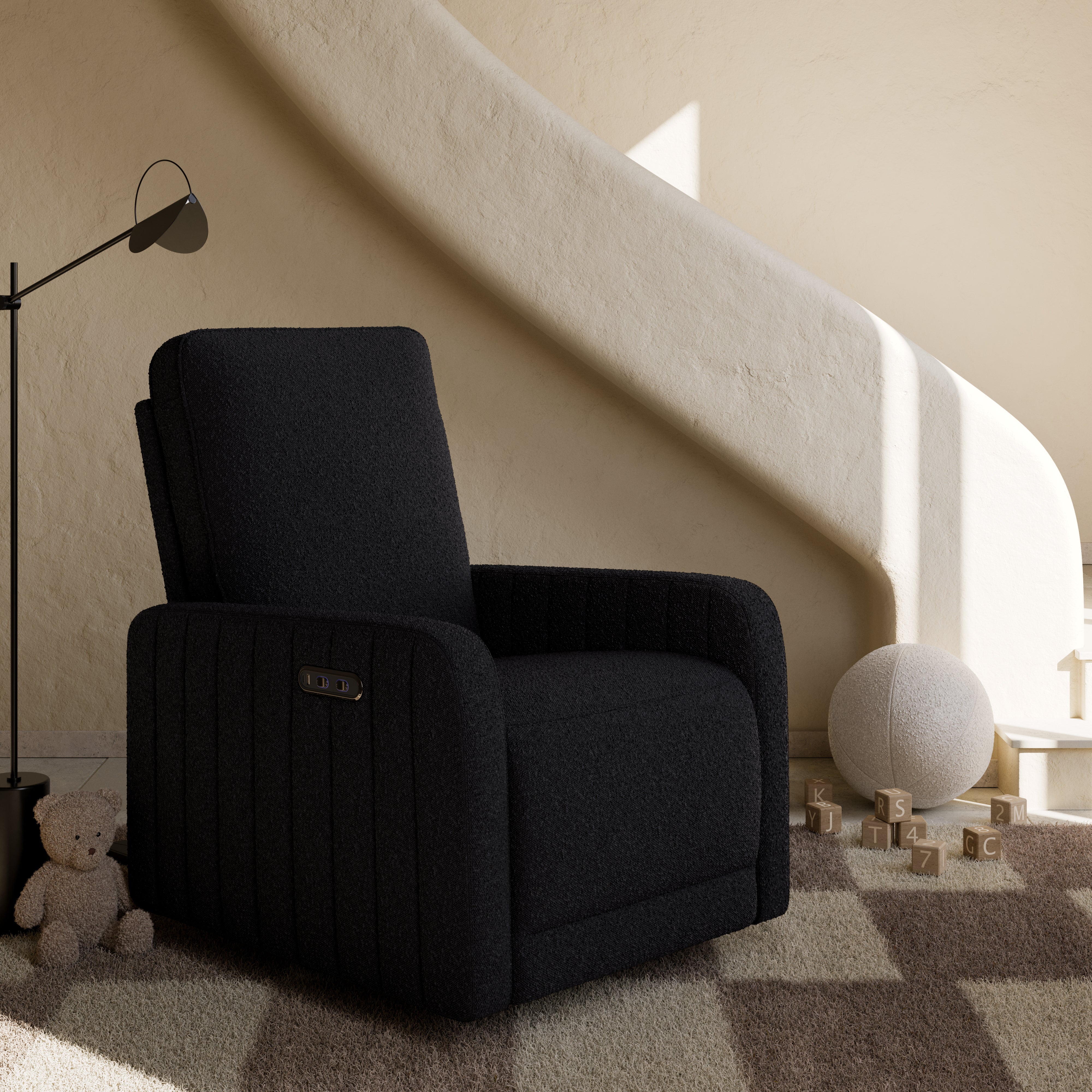 Kyoto black boucle recliner in nursery